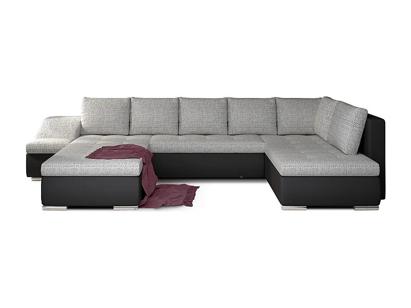 Canapé panoramique convertible JONAZ simili cuir, tissu - Rangement integré-Noir/Gris clair chiné-Méridienne A gauche