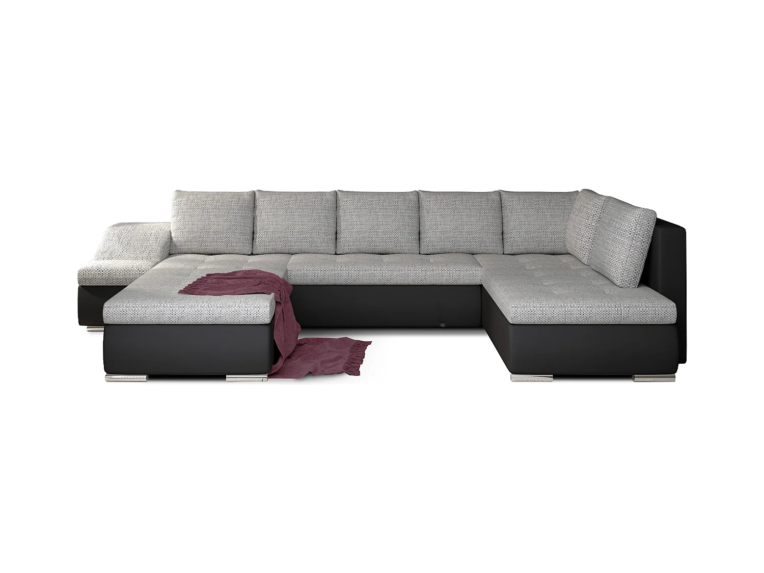 Canapé panoramique convertible JONAZ simili cuir, tissu - Rangement integré-Noir/Gris clair chiné-Méridienne A gauche