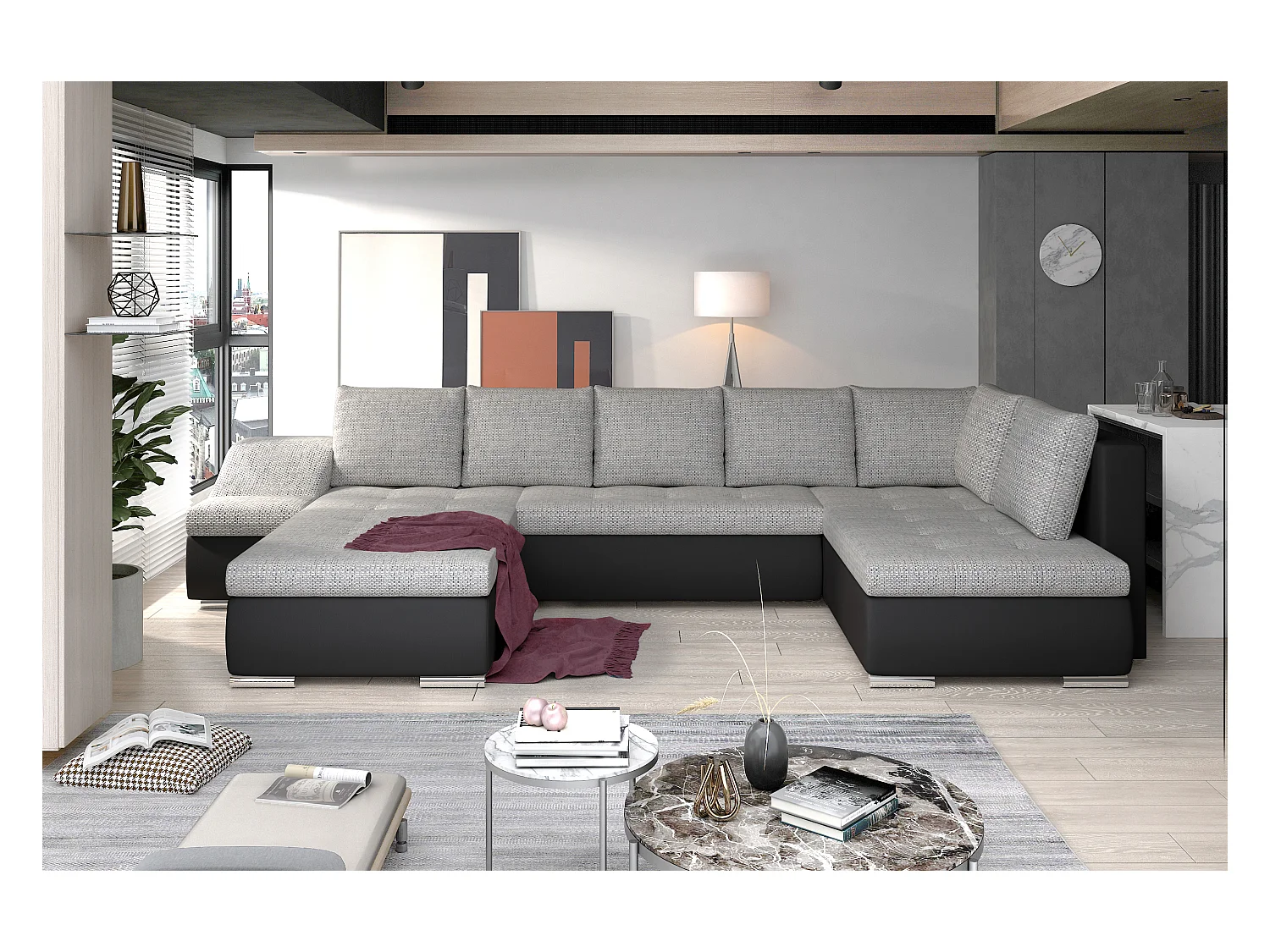 Canapé panoramique convertible JONAZ simili cuir, tissu - Rangement integré-Noir/Gris clair chiné-Méridienne A gauche