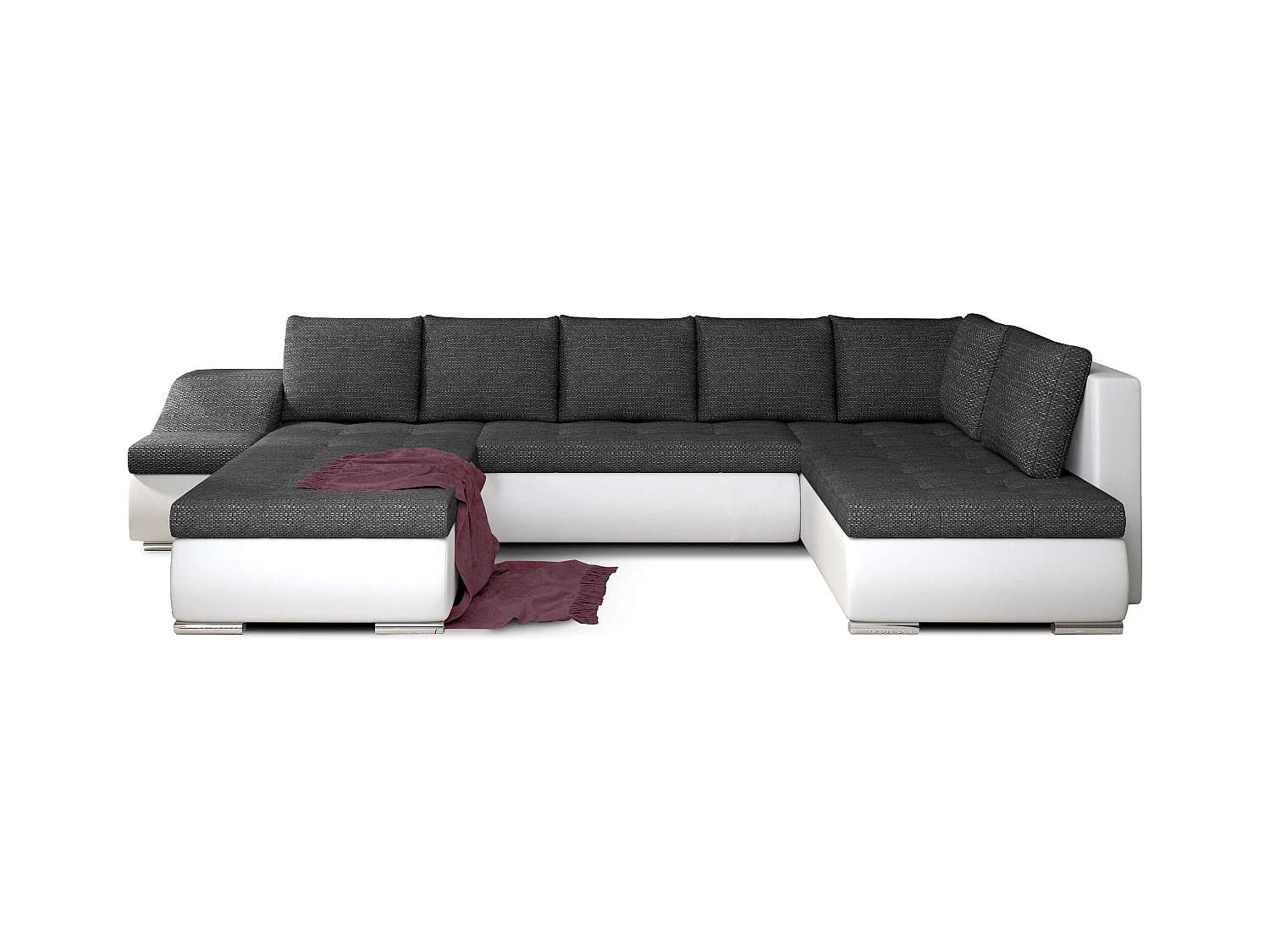 Canapé panoramique convertible JONAZ simili cuir, tissu - Rangement integré-Noir/Gris clair chiné-Méridienne A gauche