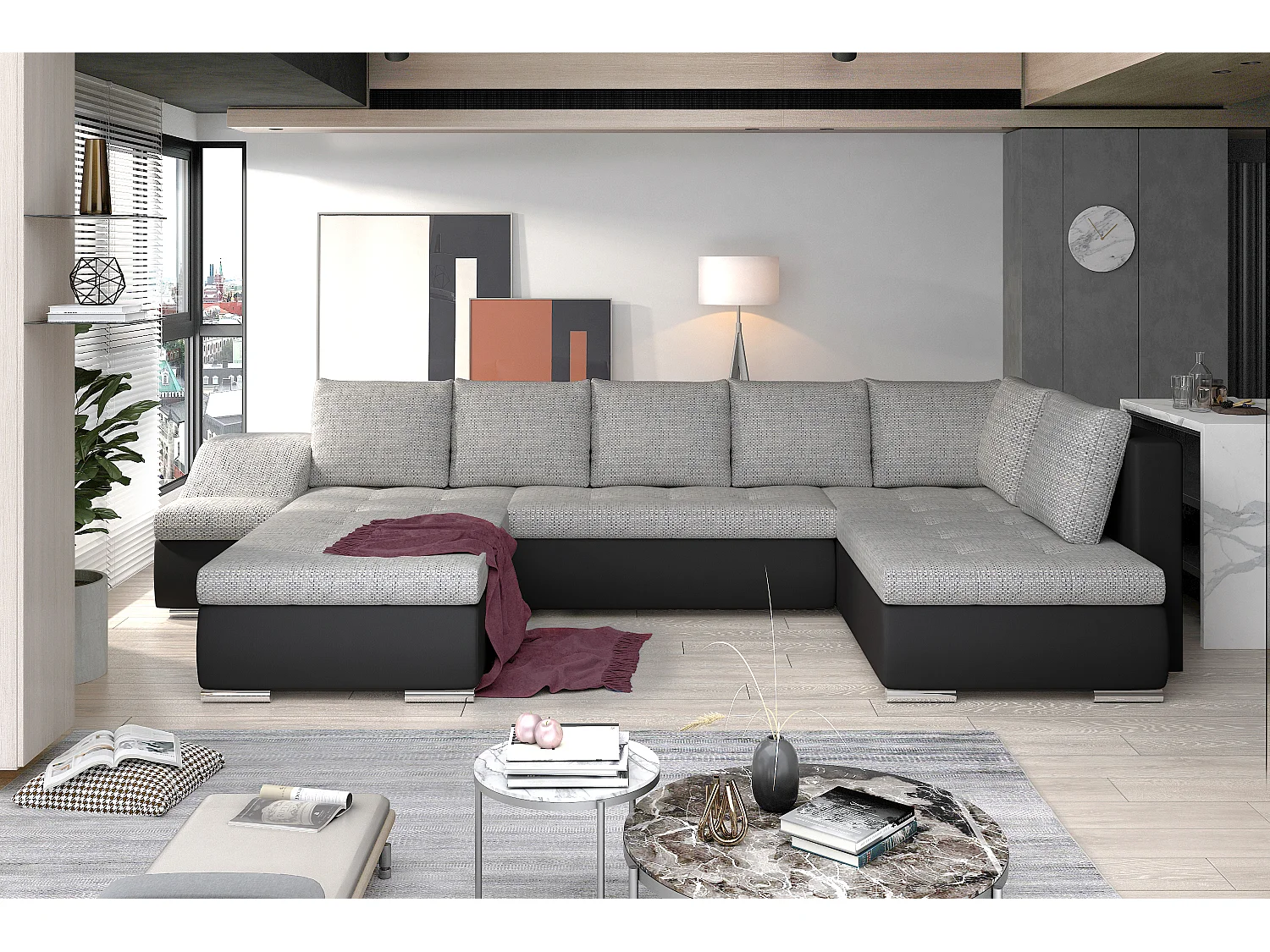 Canapé panoramique convertible JONAZ simili cuir, tissu - Rangement integré-Noir/Gris clair chiné-Méridienne A gauche