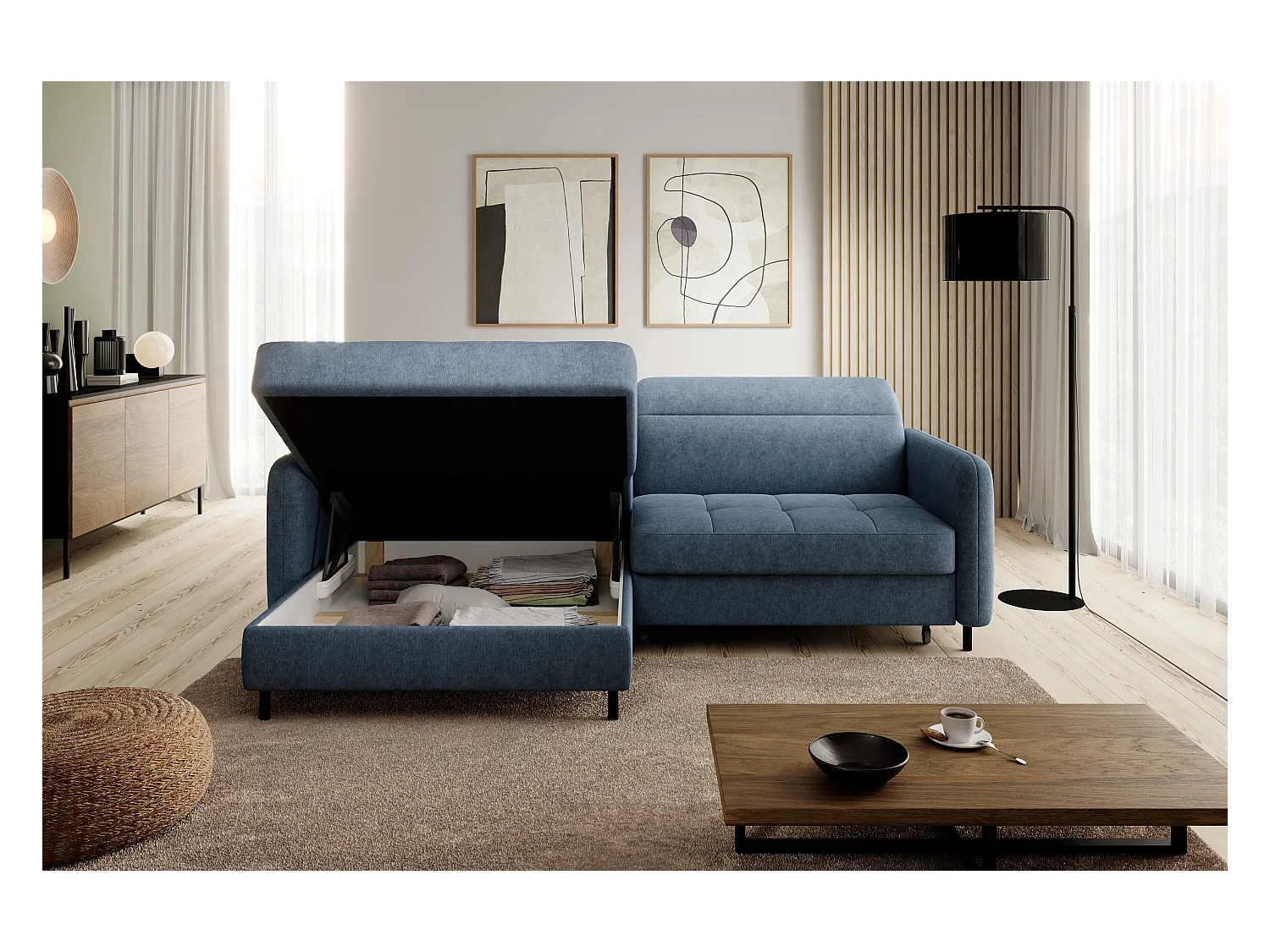 Petit canapé d’angle convertible tissu Kunder-Bleu turquin-angle gauche