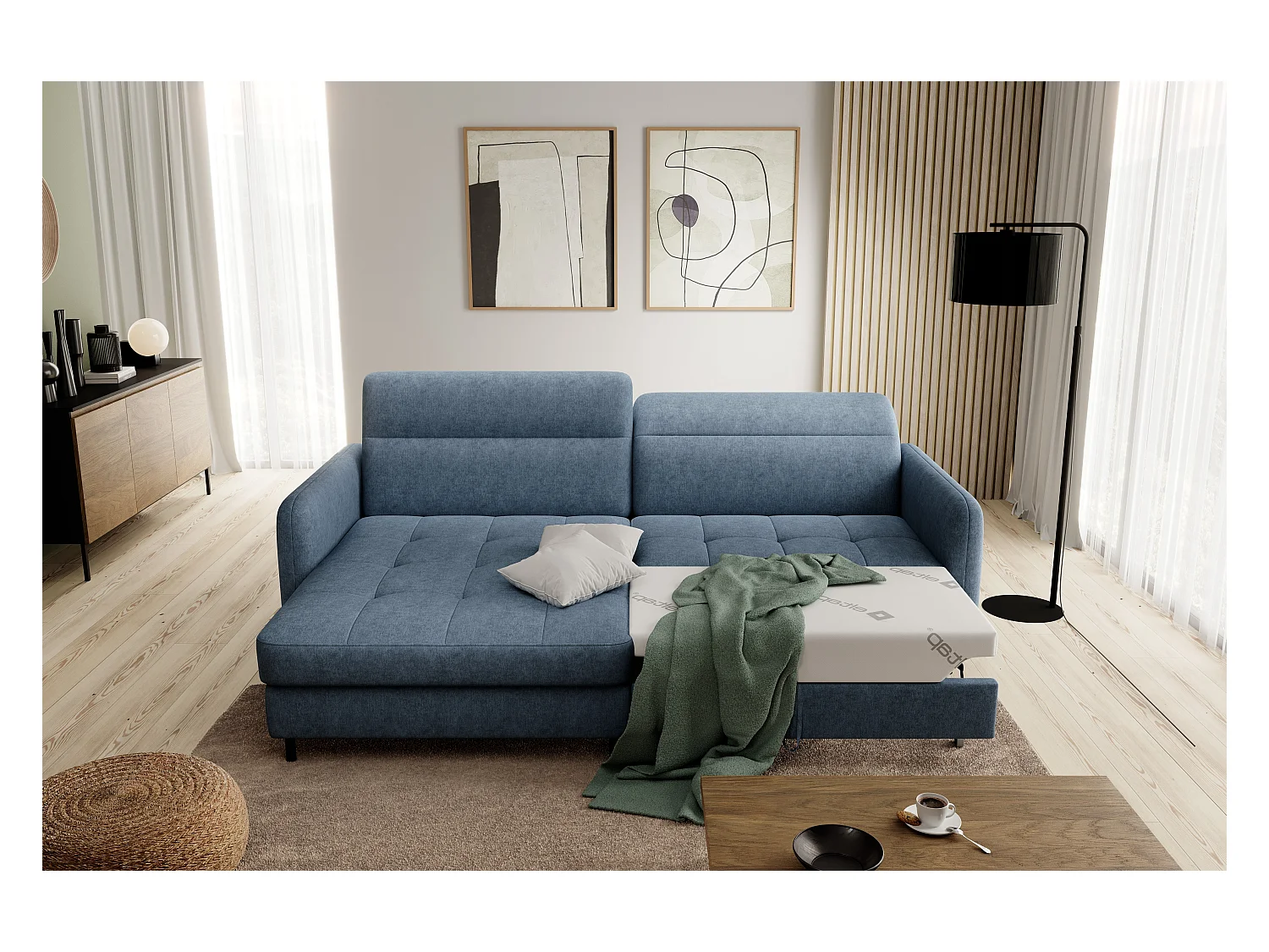 Petit canapé d’angle convertible tissu Kunder-Bleu turquin-angle gauche