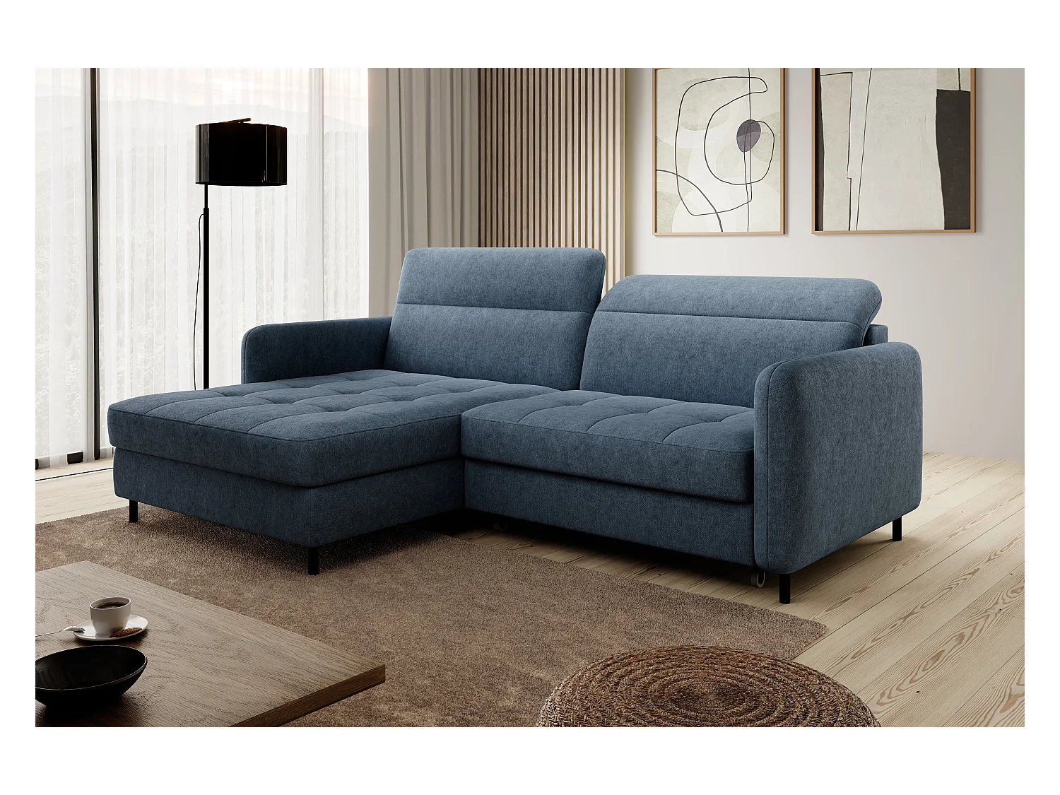 Petit canapé d’angle convertible tissu Kunder-Bleu turquin-angle gauche