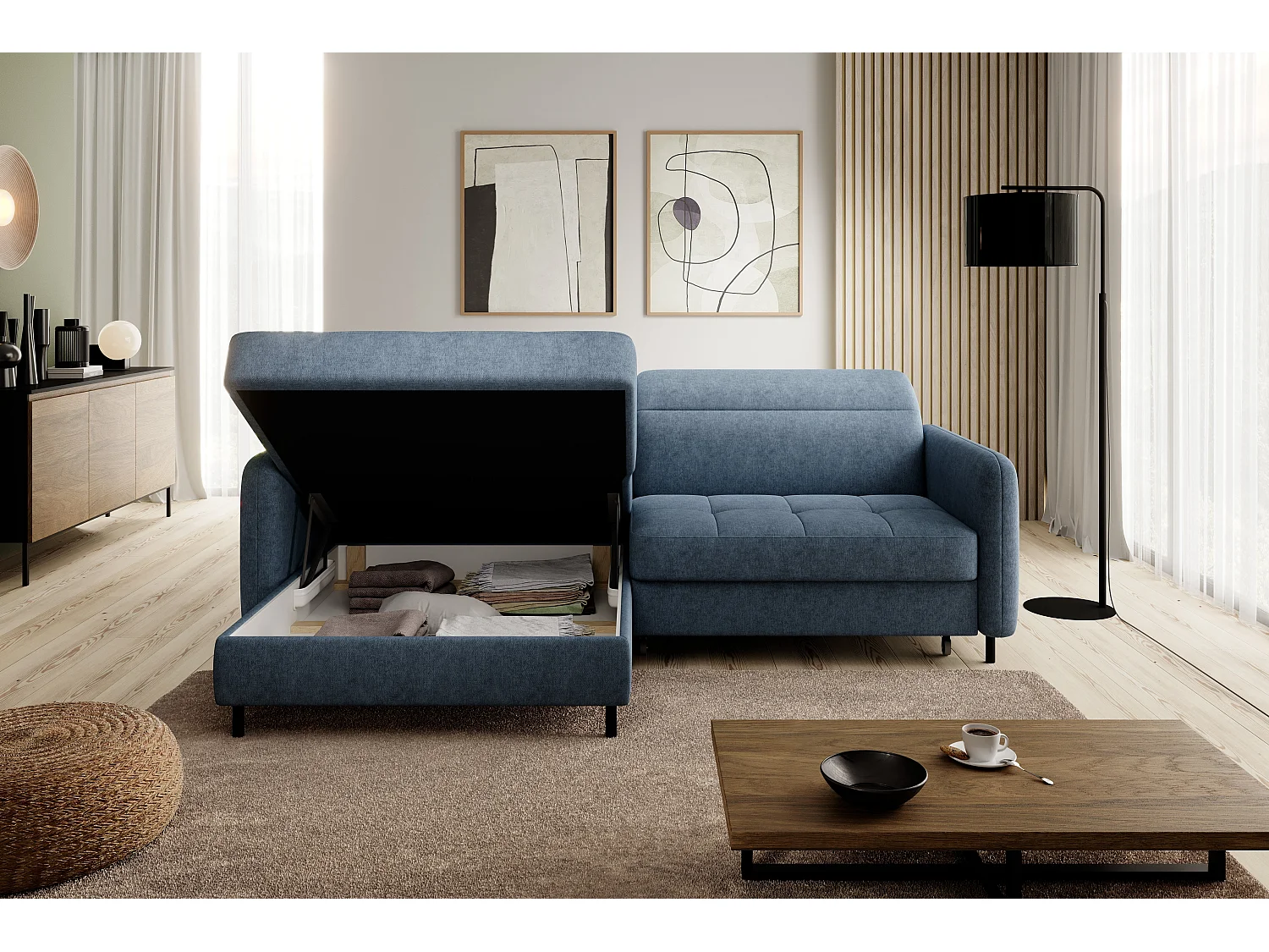 Petit canapé d’angle convertible tissu Kunder-Bleu turquin-angle gauche