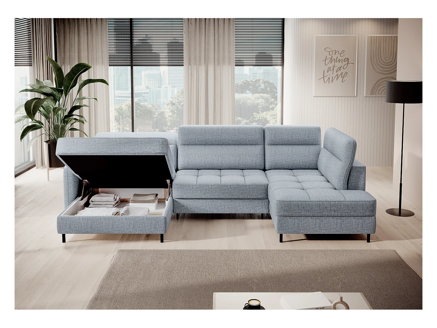 Canapé panoramique convertible BENTO en tissu avec coffre de rangement-Bleu ardoise-angle gauche