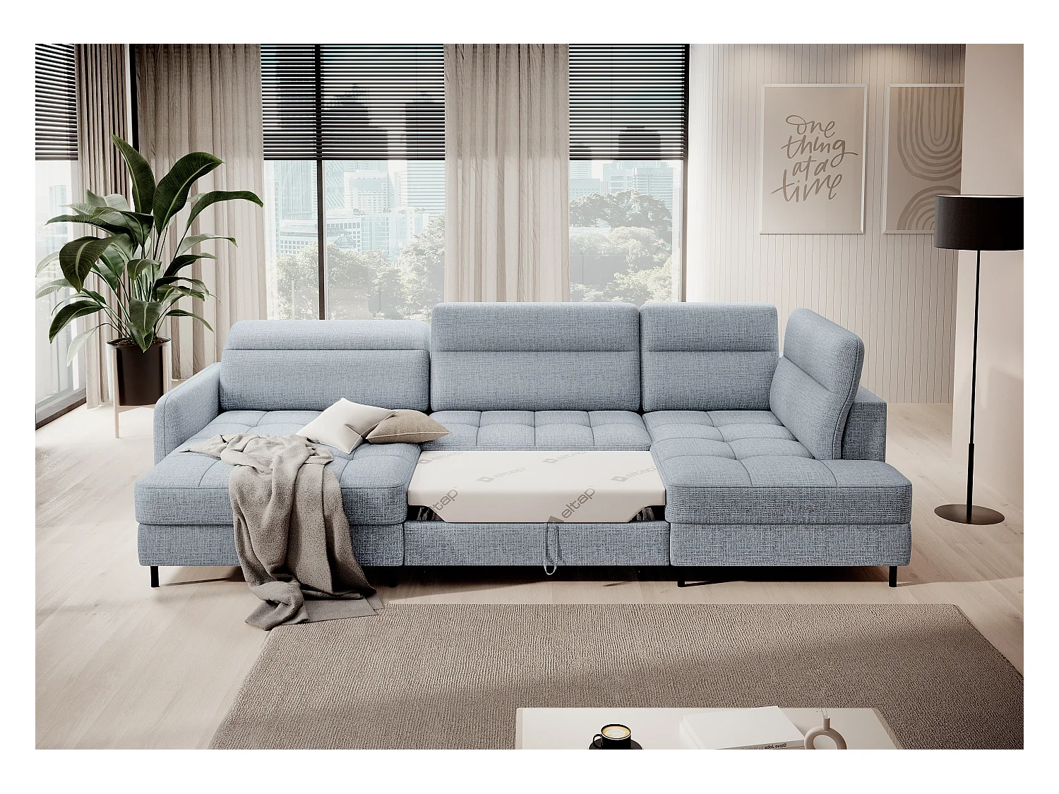 Canapé panoramique convertible BENTO en tissu avec coffre de rangement-Bleu ardoise-angle gauche