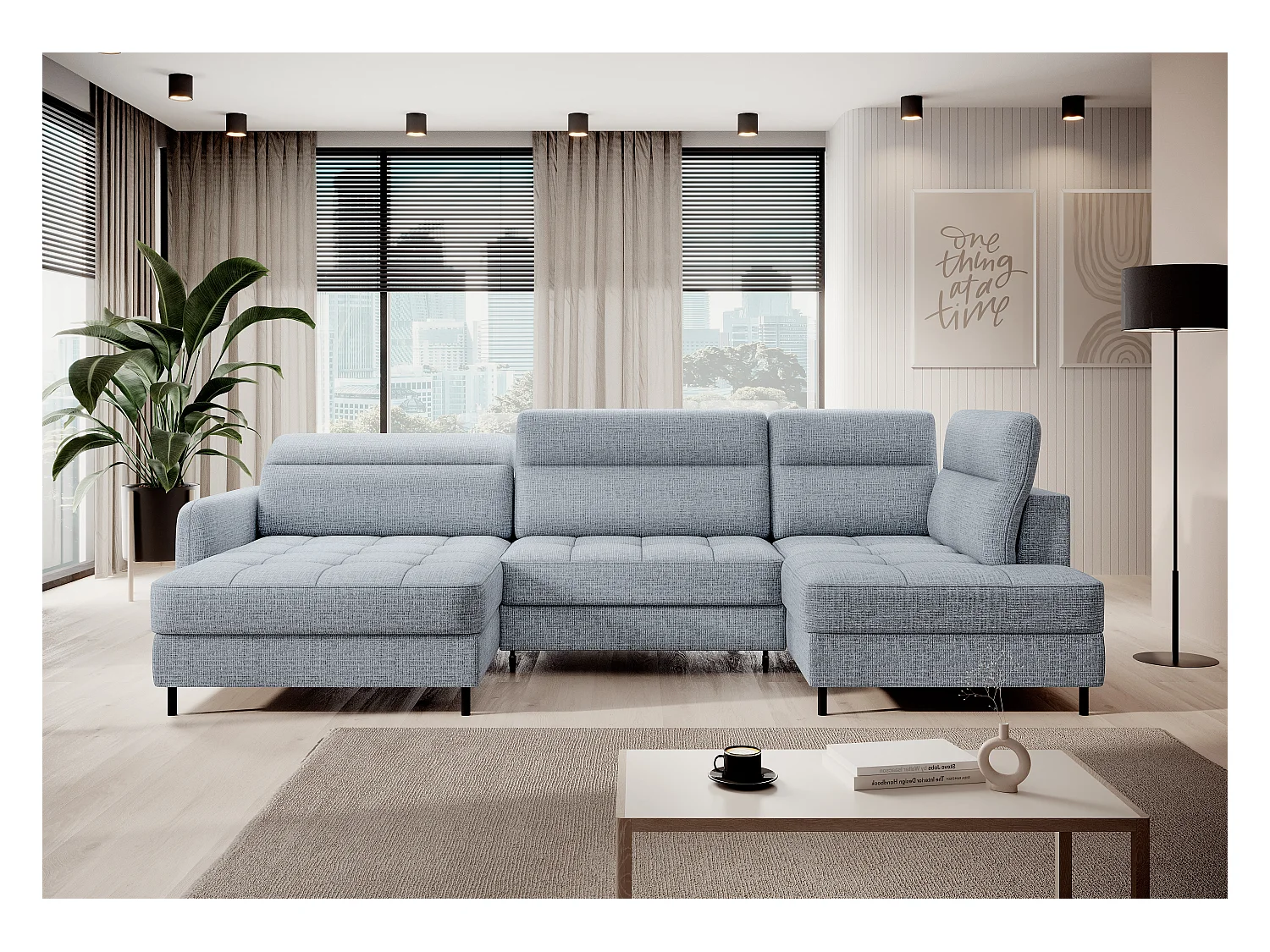 Canapé panoramique convertible BENTO en tissu avec coffre de rangement-Bleu ardoise-angle gauche