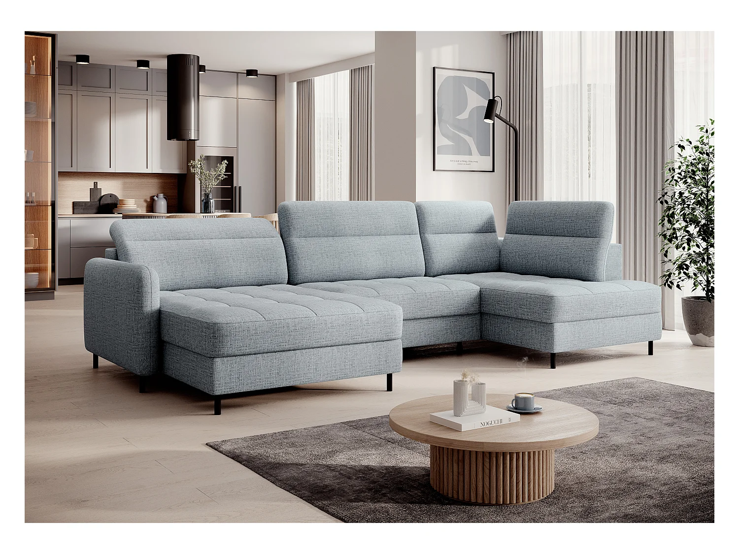 Canapé panoramique convertible BENTO en tissu avec coffre de rangement-Bleu ardoise-angle gauche