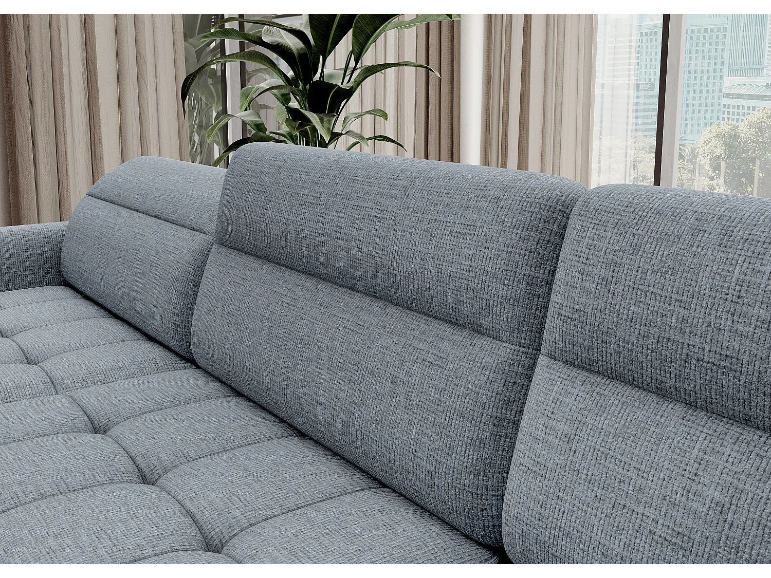 Canapé panoramique convertible BENTO en tissu avec coffre de rangement-Bleu ardoise-angle gauche