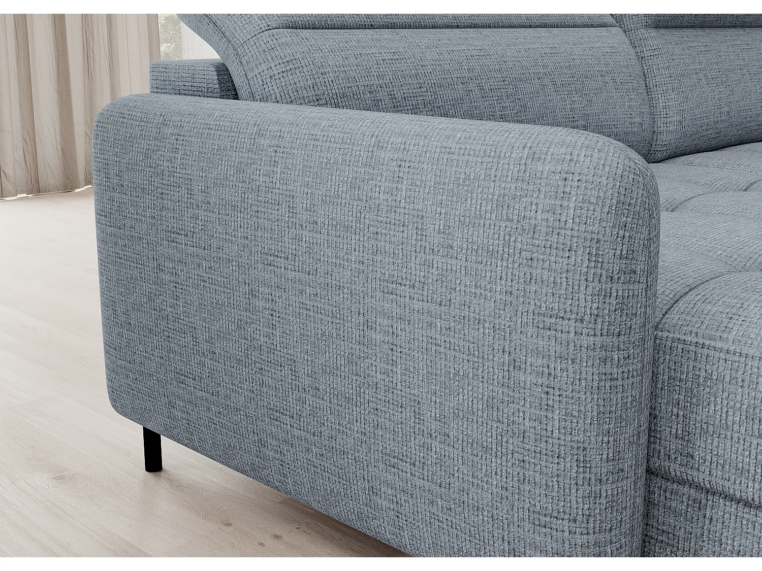 Canapé panoramique convertible BENTO en tissu avec coffre de rangement-Bleu ardoise-angle gauche