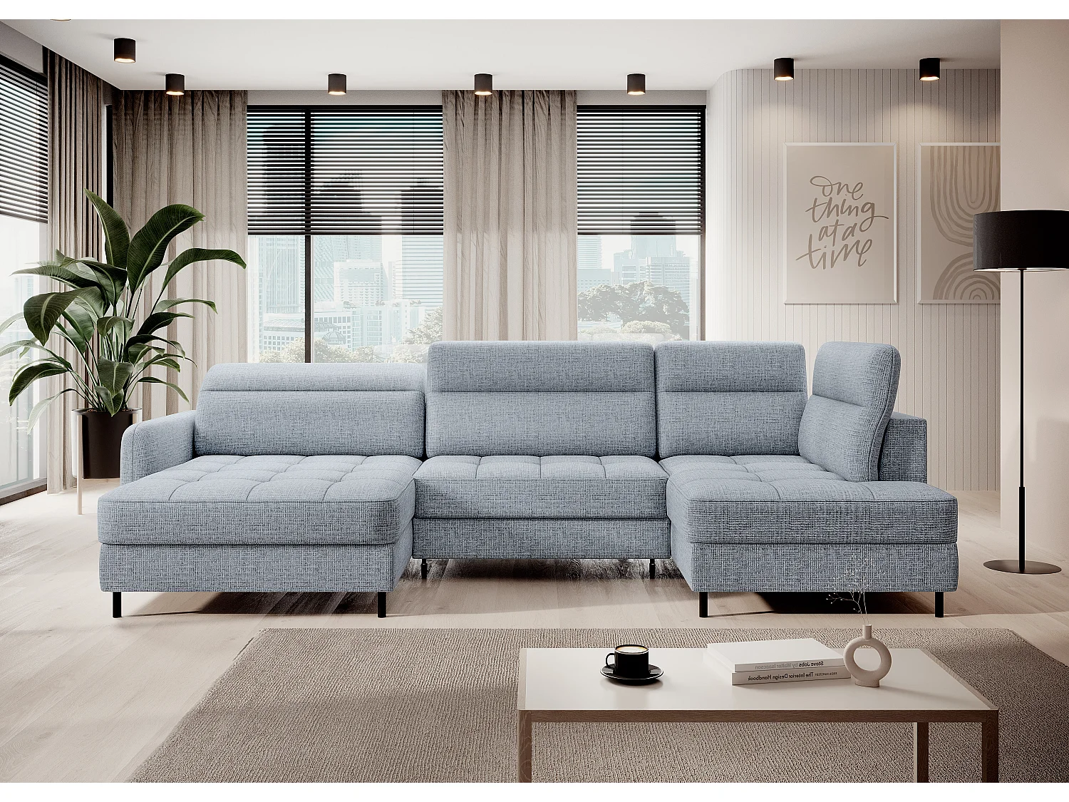 Canapé panoramique convertible BENTO en tissu avec coffre de rangement-Bleu ardoise-angle gauche