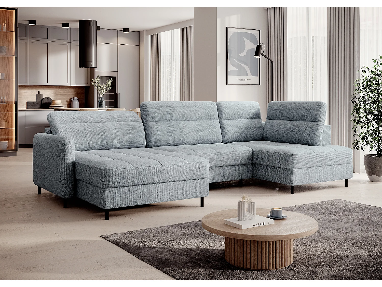 Canapé panoramique convertible BENTO en tissu avec coffre de rangement-Bleu ardoise-angle gauche