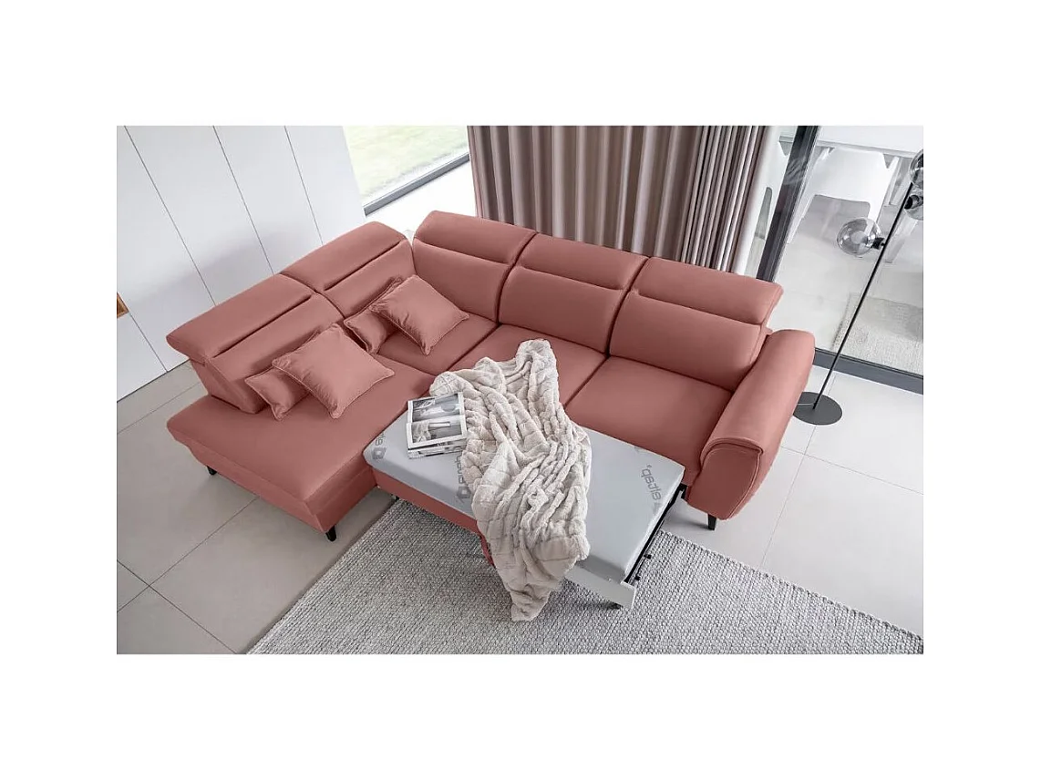 Canapé d'angle convertible avec rangement tissu NOBLESSE - Pieds bois noir-Rose-angle gauche