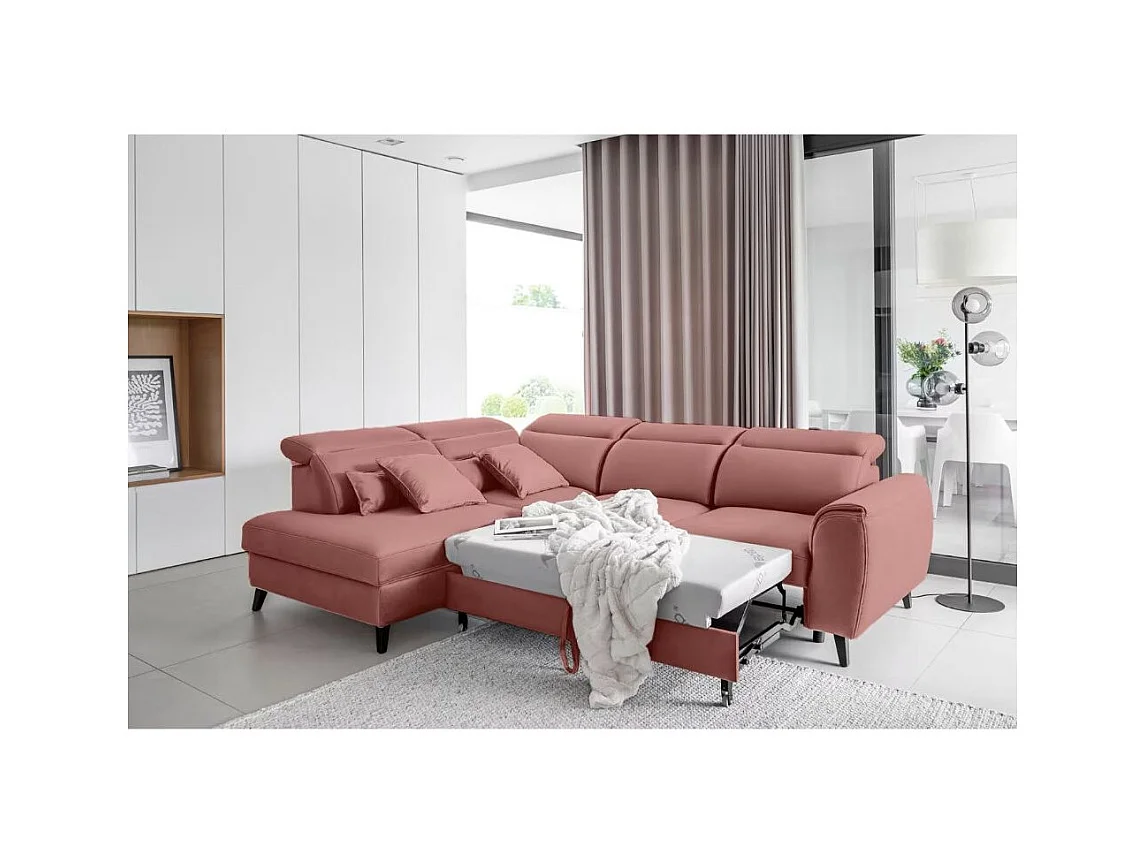 Canapé d'angle convertible avec rangement tissu NOBLESSE - Pieds bois noir-Rose-angle gauche