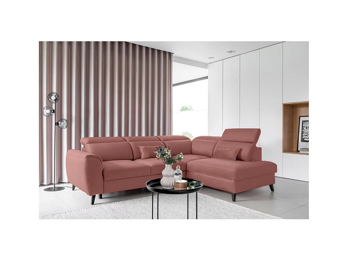 Canapé d'angle convertible avec rangement tissu NOBLESSE - Pieds bois noir-Rose-angle gauche