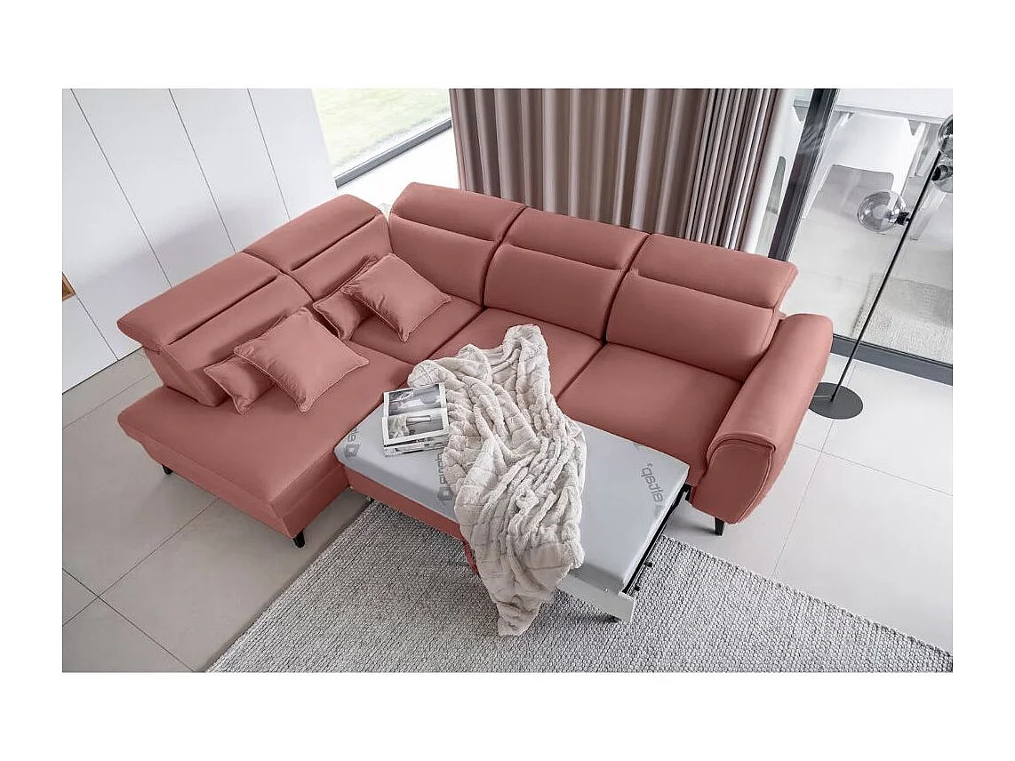 Canapé d'angle convertible avec rangement tissu NOBLESSE - Pieds bois noir-Rose-angle gauche