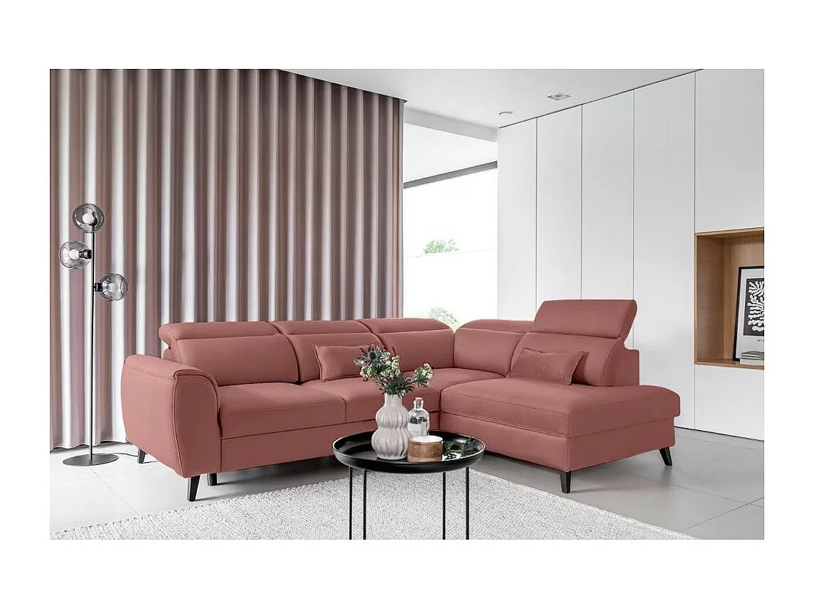 Canapé d'angle convertible avec rangement tissu NOBLESSE - Pieds bois noir-Rose-angle gauche