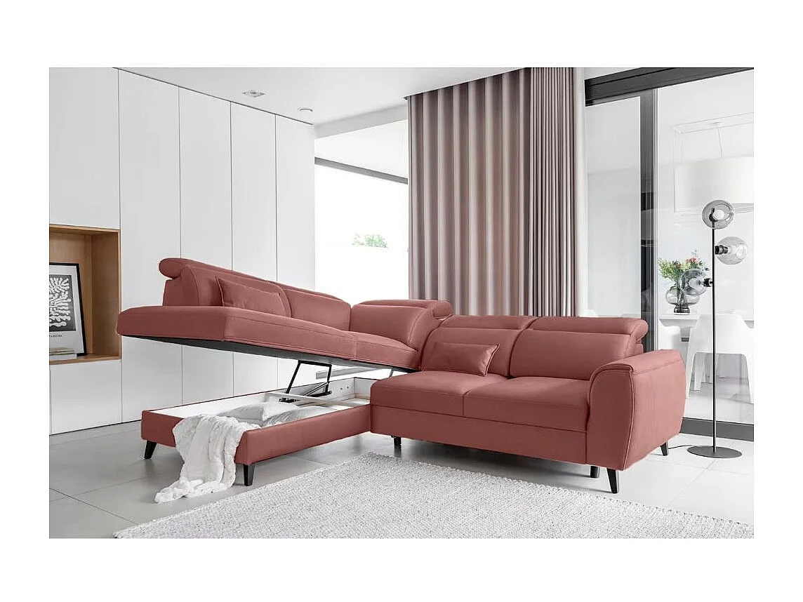 Canapé d'angle convertible avec rangement tissu NOBLESSE - Pieds bois noir-Rose-angle gauche