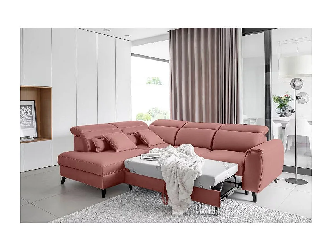 Canapé d'angle convertible avec rangement tissu NOBLESSE - Pieds bois noir-Rose-angle gauche