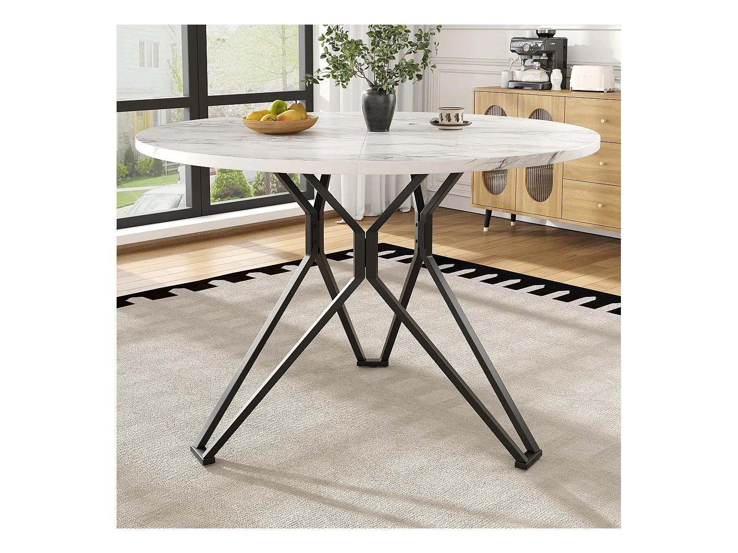 Table à manger ronde 100x100x76cm avec plateau en placage marbre blanc, cadre en métal noir réglable