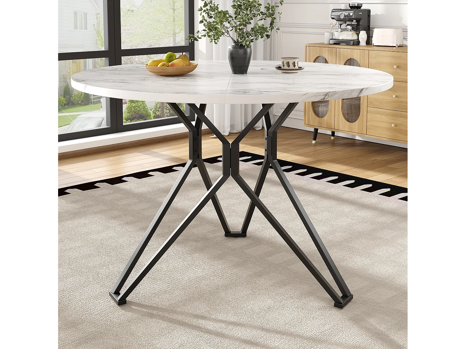 Table à manger ronde 100x100x76cm avec plateau en placage marbre blanc, cadre en métal noir réglable