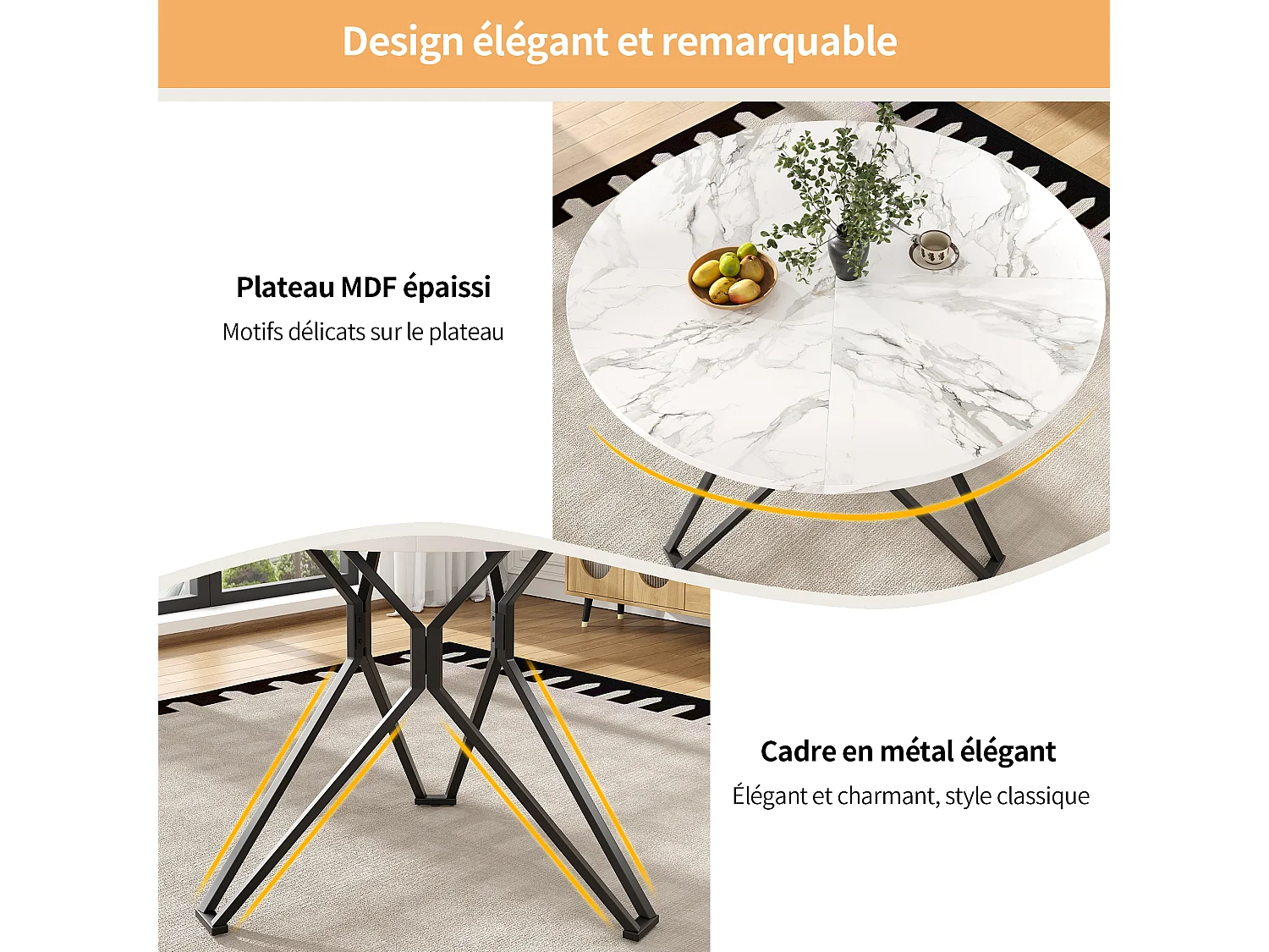 Table à manger ronde 100x100x76cm avec plateau en placage marbre blanc, cadre en métal noir réglable