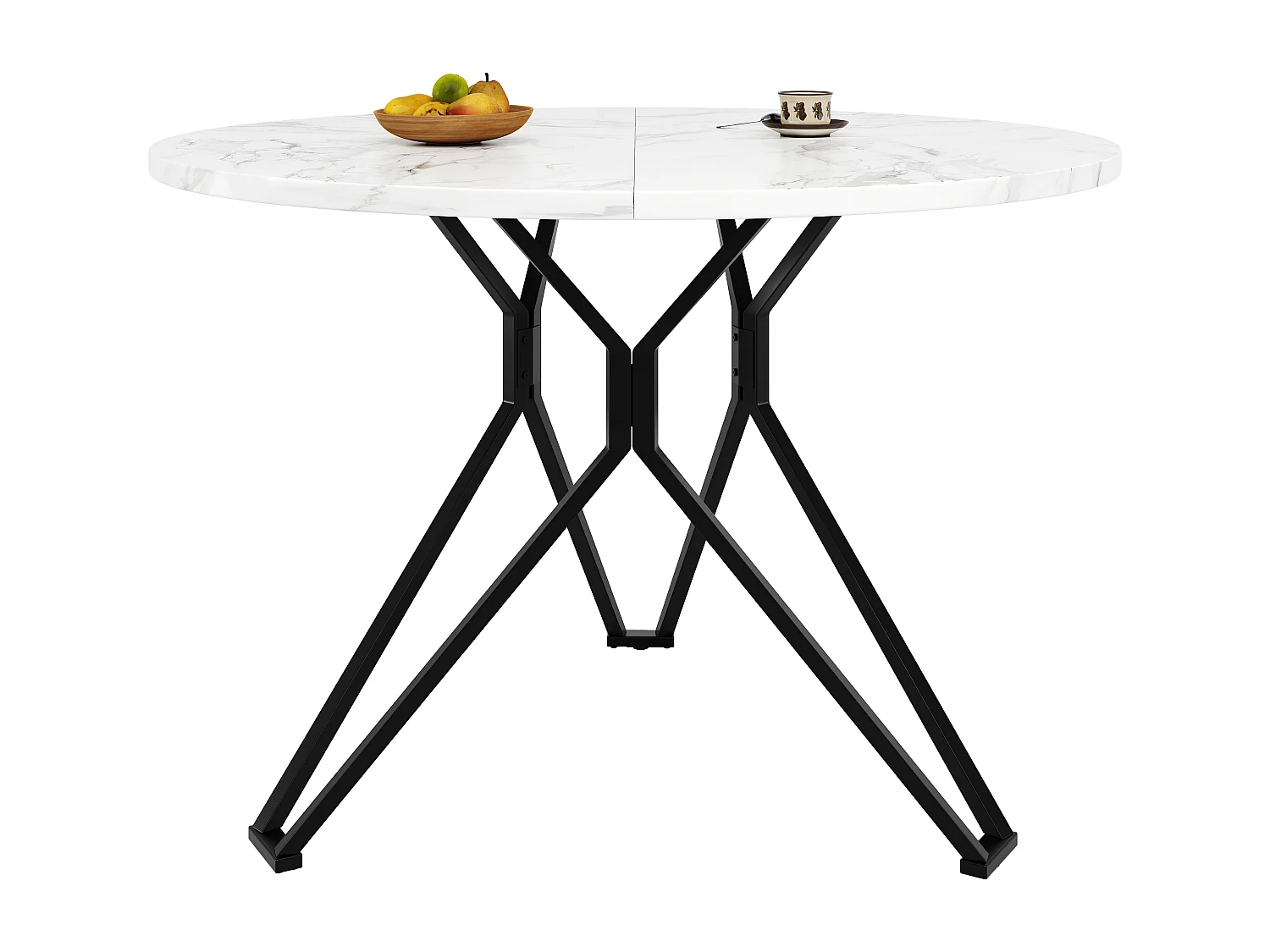 Table à manger ronde 100x100x76cm avec plateau en placage marbre blanc, cadre en métal noir réglable