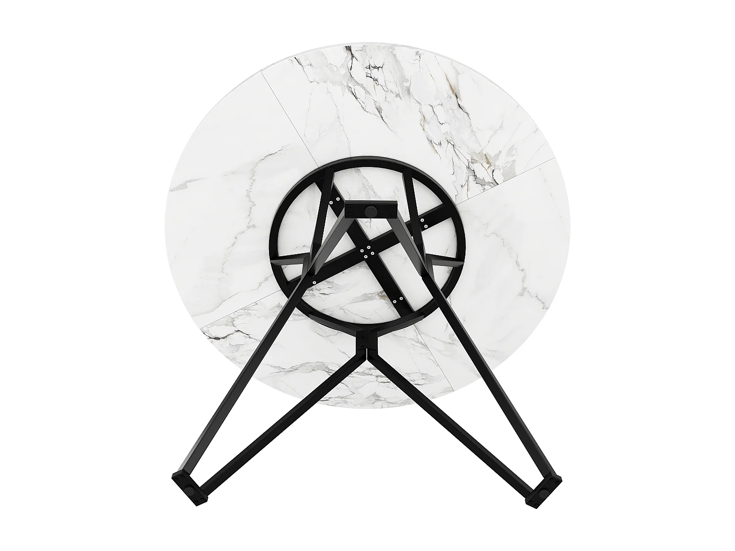 Table à manger ronde 100x100x76cm avec plateau en placage marbre blanc, cadre en métal noir réglable