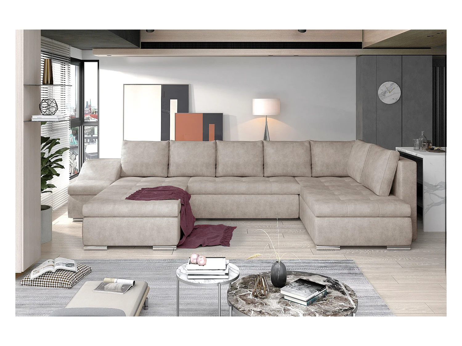 JONAZ panoramische stoffen slaapbank - Geïntegreerde opbergruimte-Kleur -Dagbed Naar links