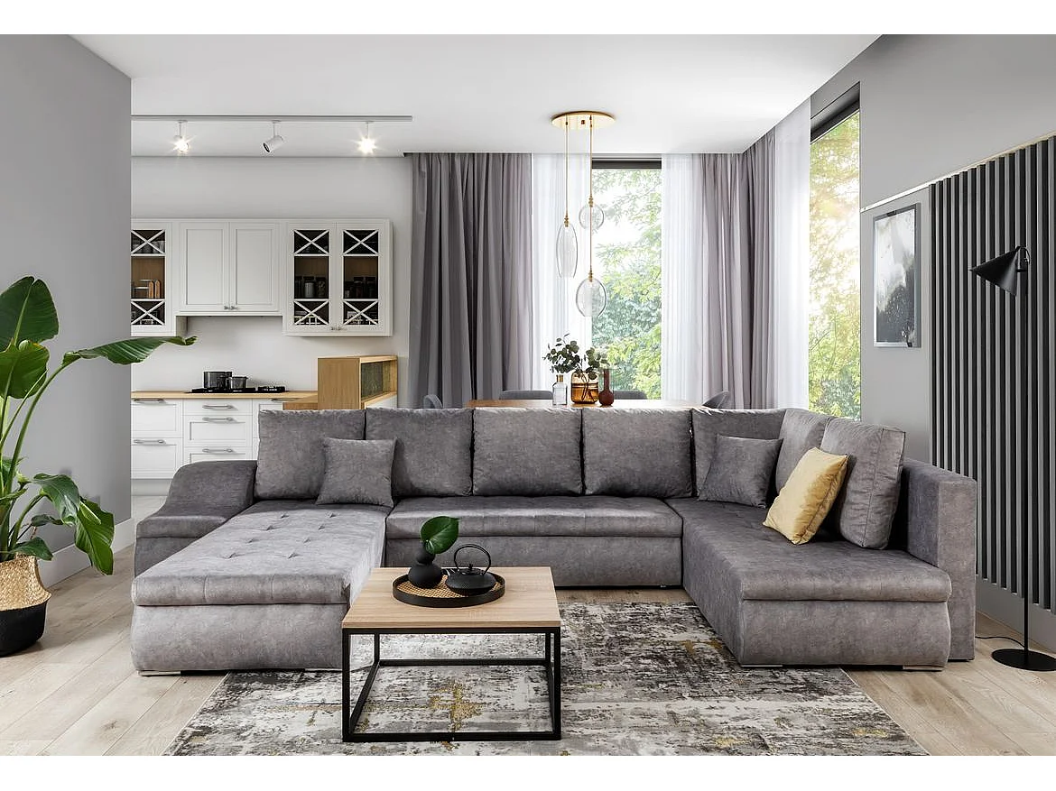 Canapé panoramique convertible JONAZ tissu - Rangement integré-Beige vintage-Méridienne A gauche