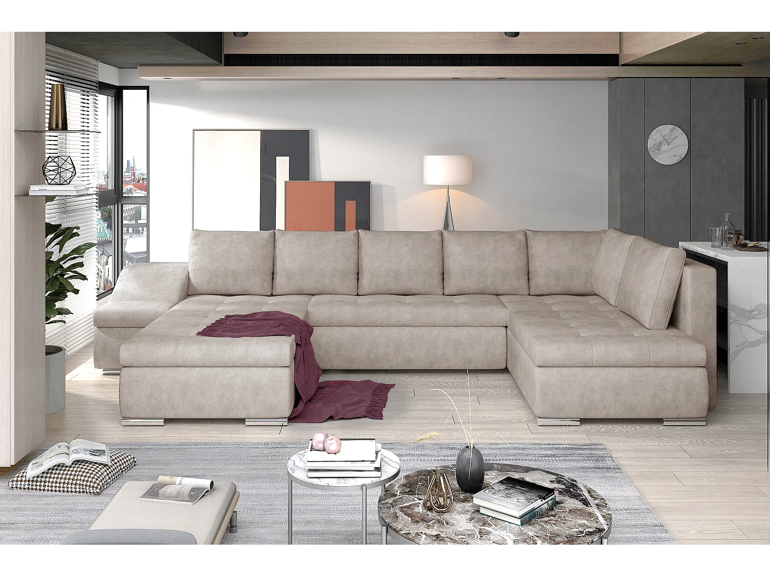 Canapé d'angle panoramique convertible 5 places en tissu beige JONAZ