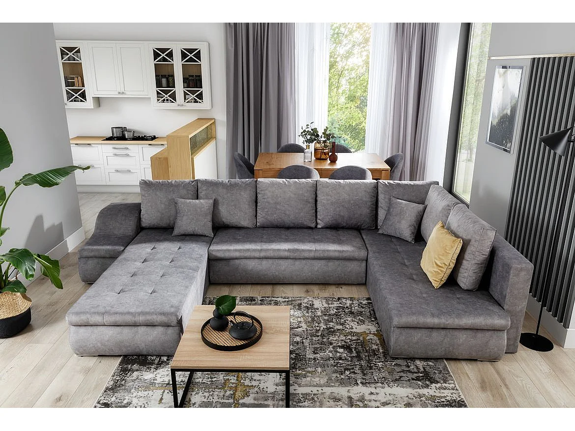 Canapé d'angle panoramique convertible 5 places en tissu beige JONAZ