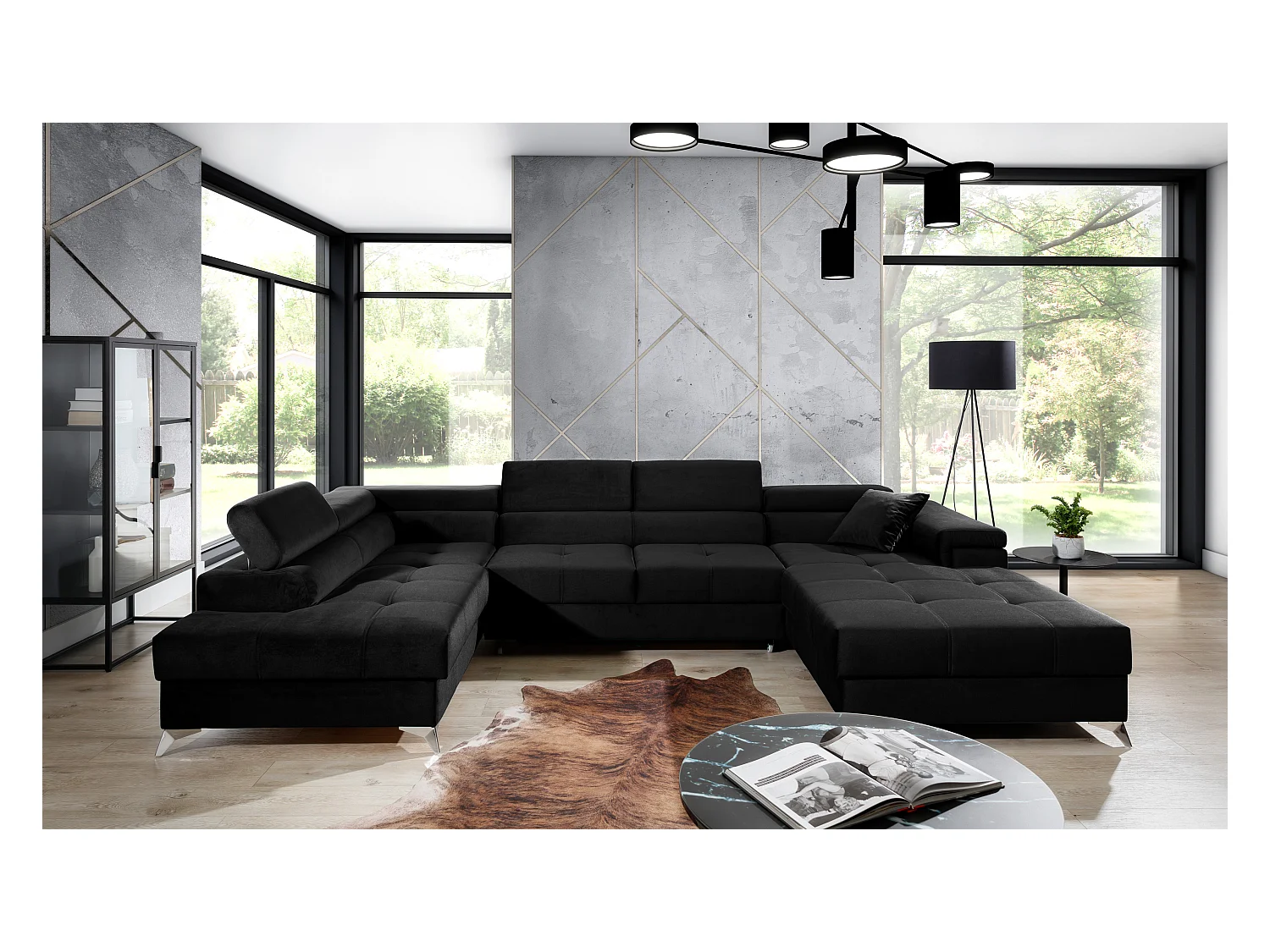 Canapé panoramique convertible KUTTY velours - Rangement et têtières réglables-Noir-Coffre à gauche