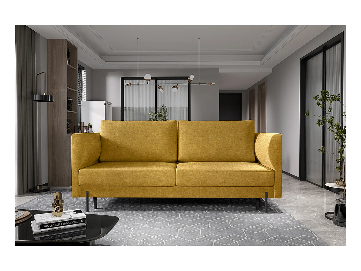 Canapé convertible en velours ROBBY – Rangement et pieds métal noir-Jaune