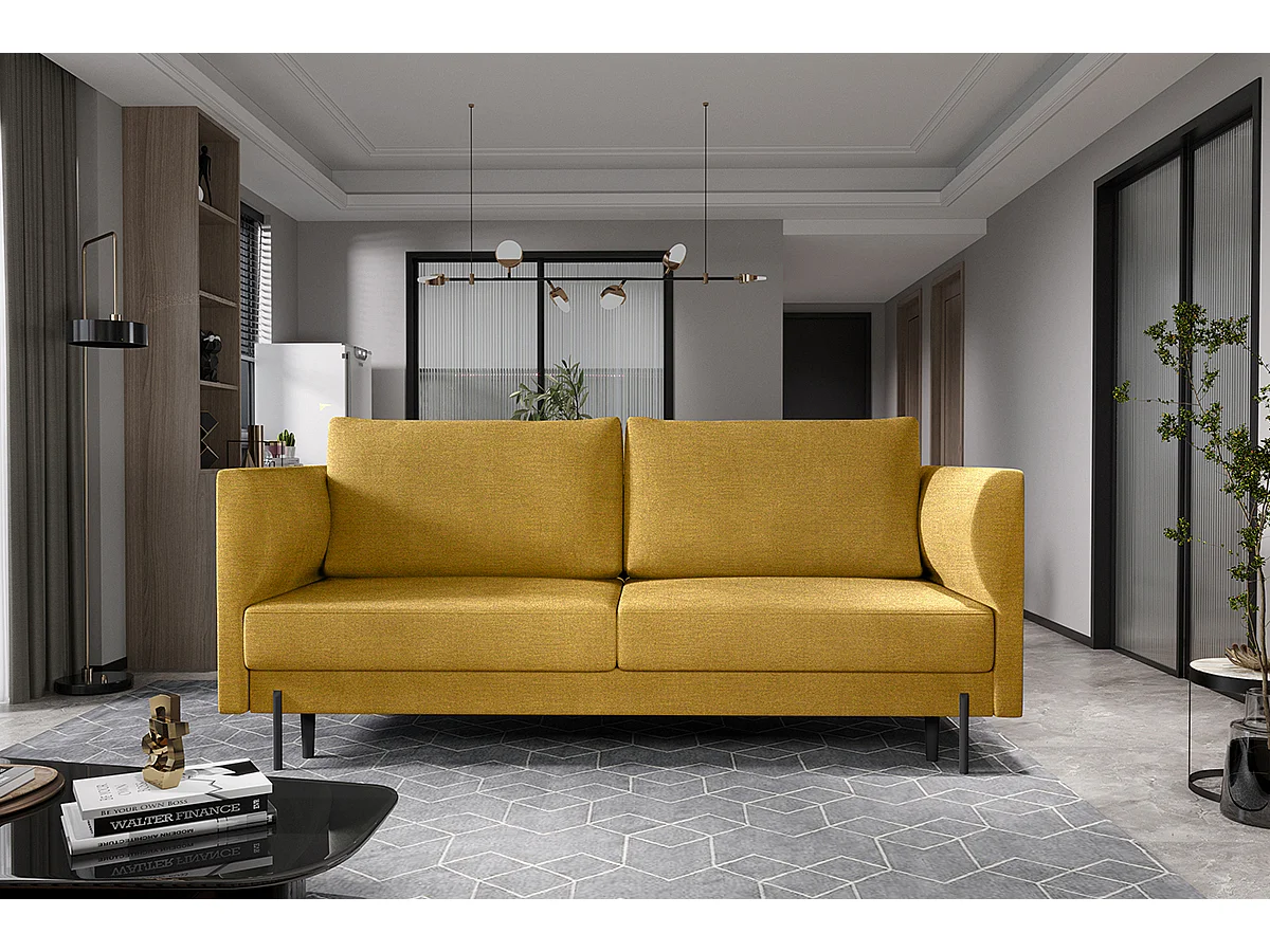 Canapé convertible en velours ROBBY – Rangement et pieds métal noir-Jaune