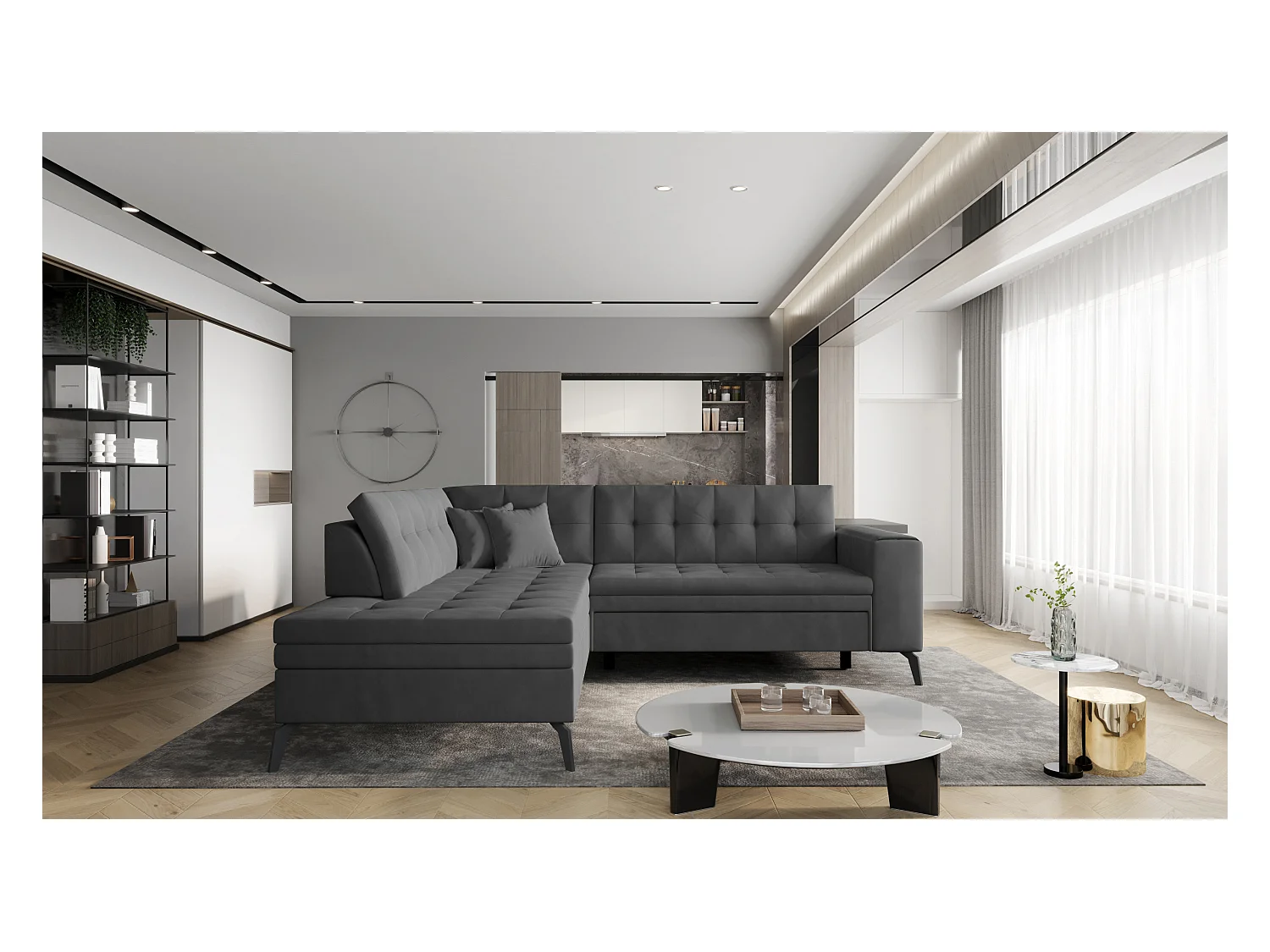 Canapé d'angle convertible velours LARRY - Pieds acier noir-Gris foncé-angle gauche