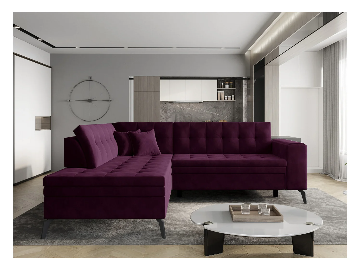 Canapé d'angle convertible velours LARRY - Pieds acier noir-Gris foncé-angle gauche