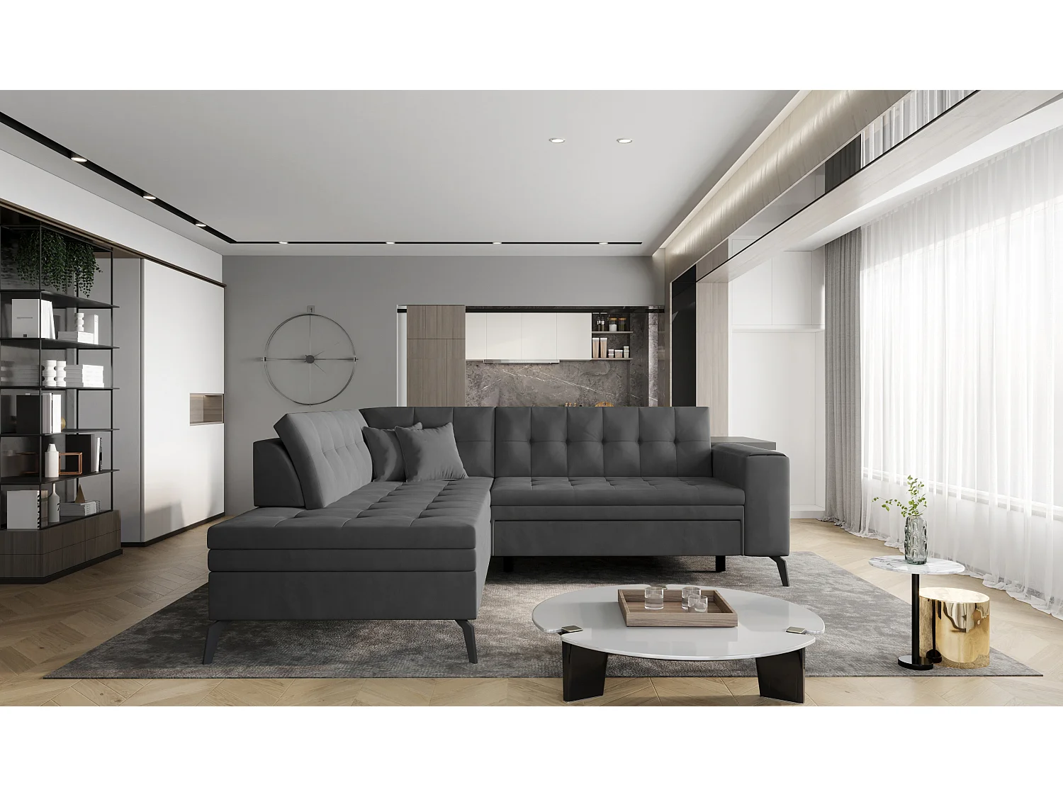 Canapé d'angle convertible velours LARRY - Pieds acier noir-Gris foncé-angle gauche