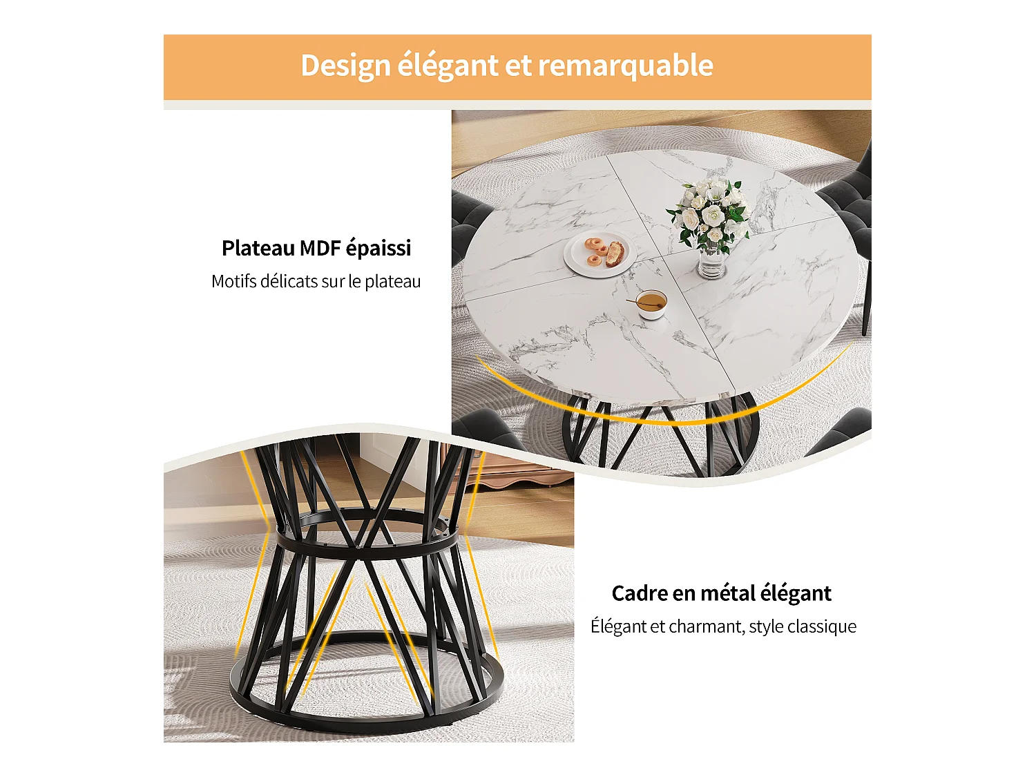 Ronde eettafel 100x100x76cm voor 4 personen met wit marmeren fineer blad, zwart metalen frame