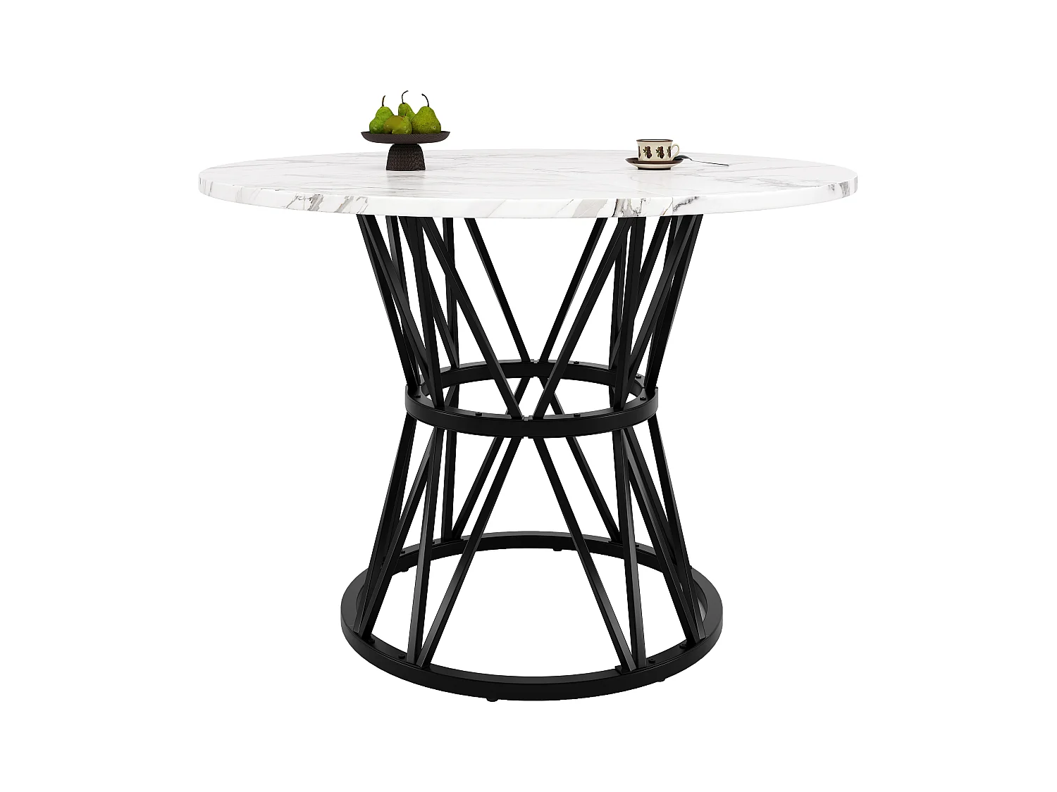 Ronde eettafel 100x100x76cm voor 4 personen met wit marmeren fineer blad, zwart metalen frame