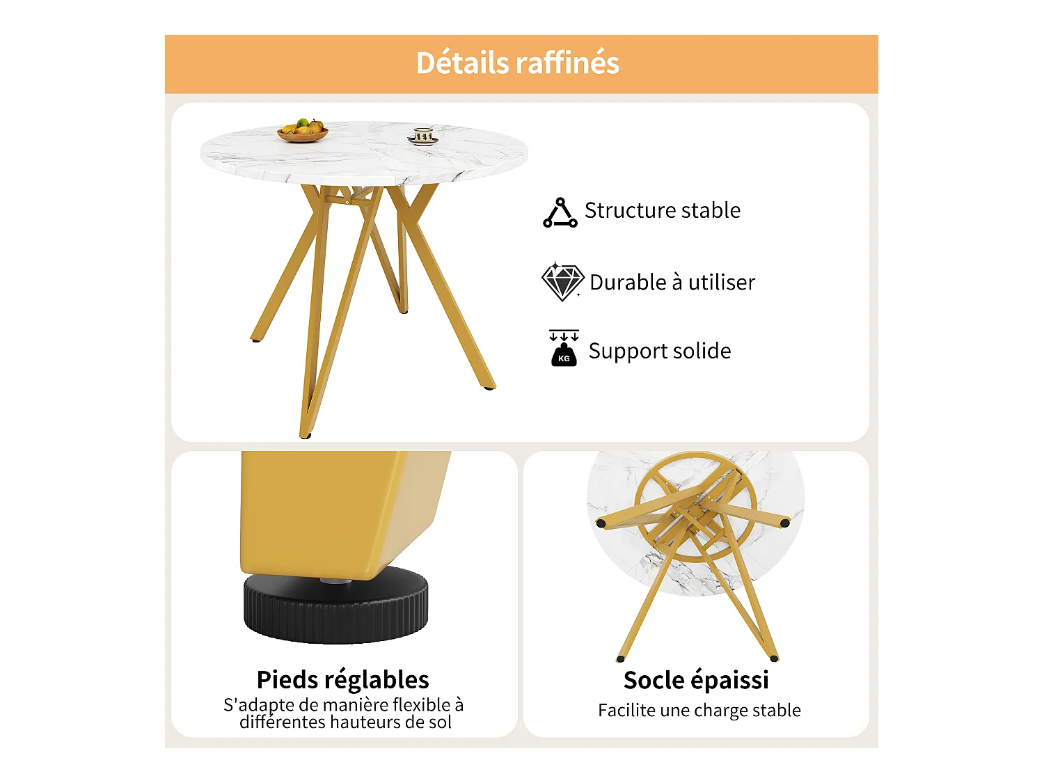 Table à manger ronde 100x100x76cm avec plateau en placage marbre blanc, pieds en métal doré réglable