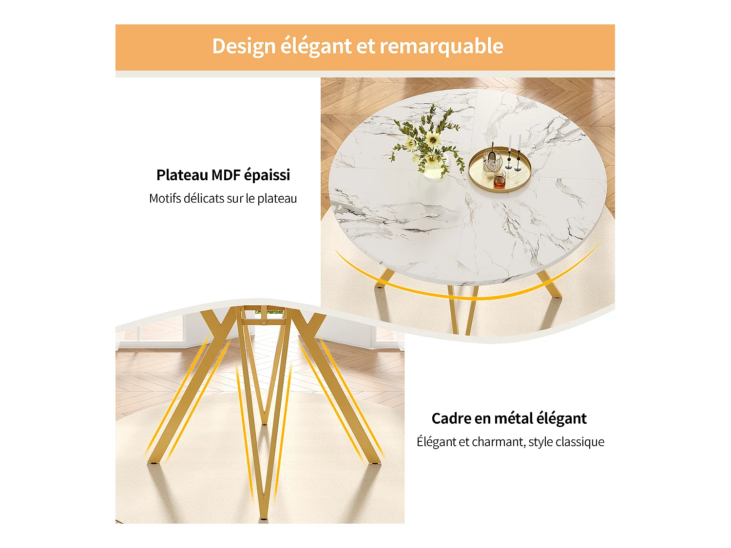 Table à manger ronde 100x100x76cm avec plateau en placage marbre blanc, pieds en métal doré réglable