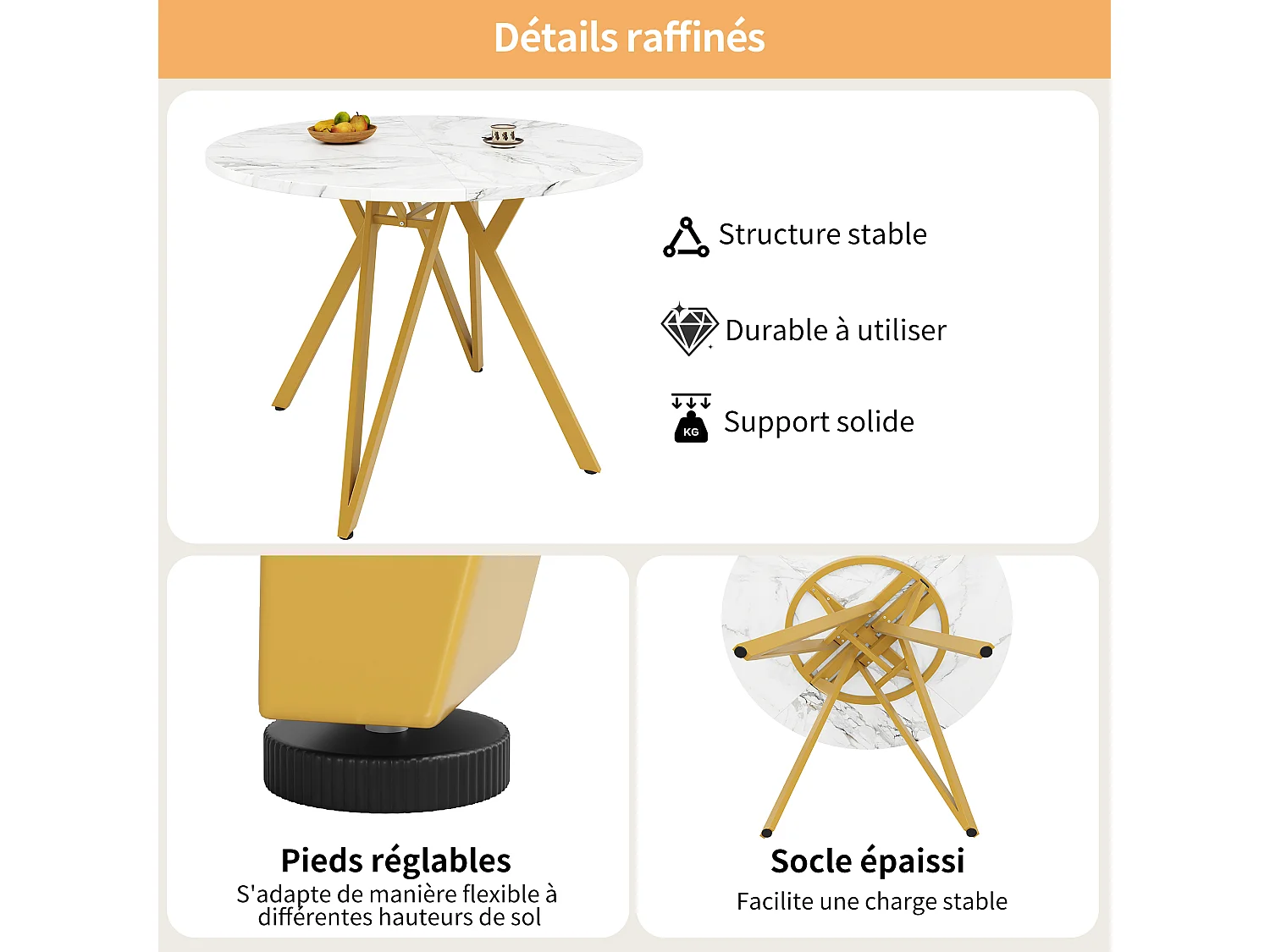 Ronde eettafel 100x100x76cm met wit marmeren fineer blad, verstelbare gouden metalen poten