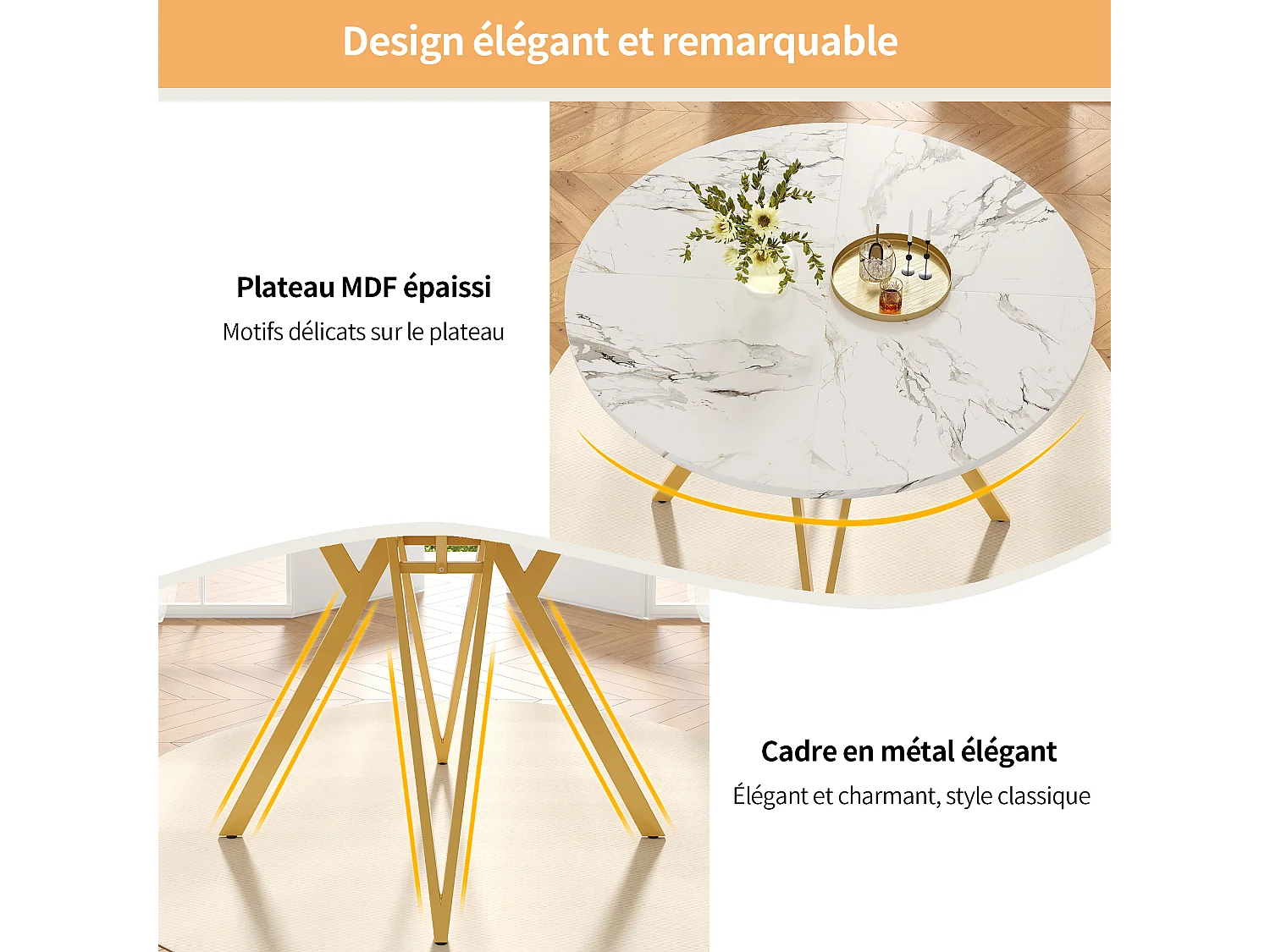 Mesa de jantar redonda 100x100x76cm com tampo em folheado de mármore branco, pés ajustáveis ​​em metal dourado