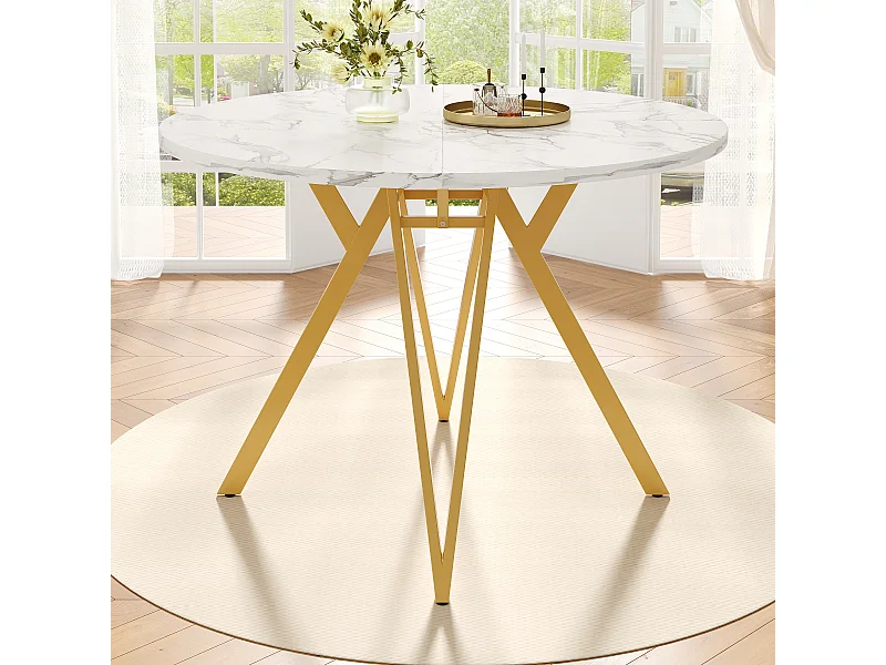Table à manger ronde 100x100x76cm avec plateau en placage marbre blanc, pieds en métal doré réglable