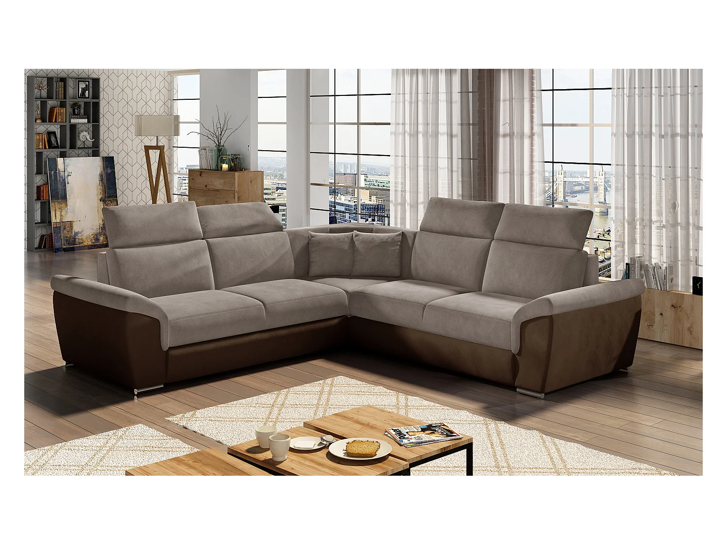 Canapé d'angle réversible et convertible velours Neo - Pieds acier chromé-Marron/Marron clair