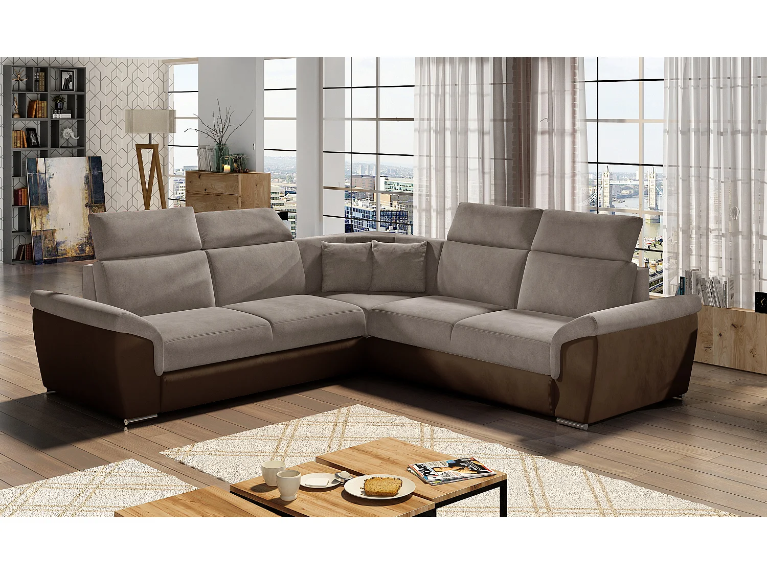 Canapé d'angle réversible et convertible velours Neo - Pieds acier chromé-Marron/Marron clair