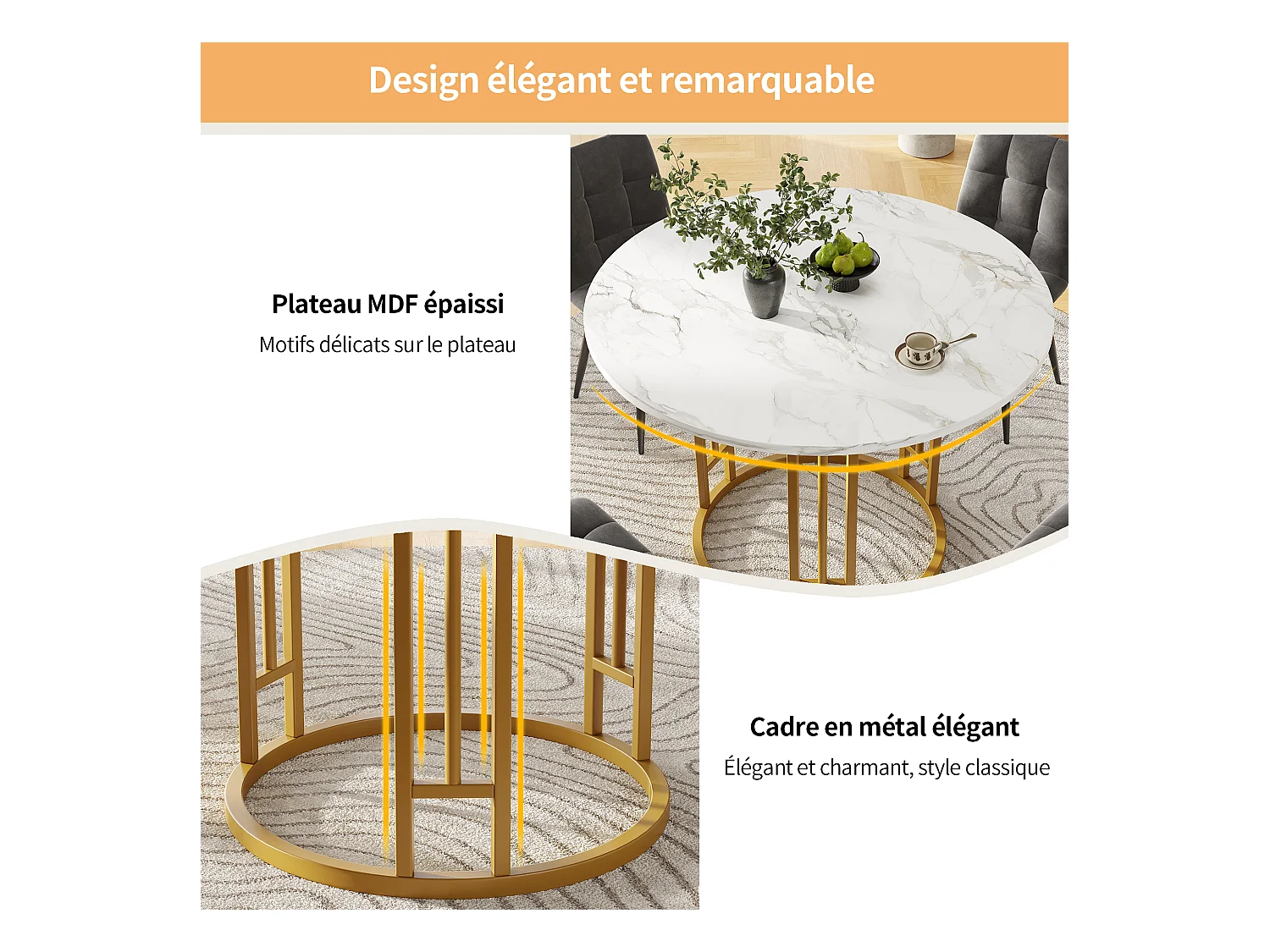 Table à manger ronde 80x80x76cm avec plateau en placage marbre blanc, cadre en métal doré