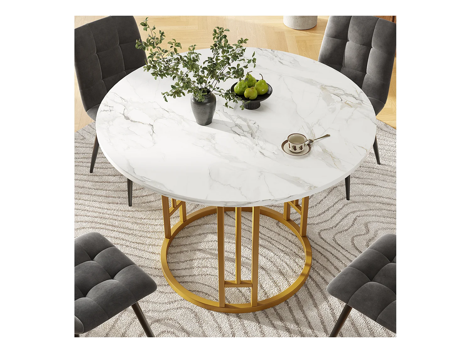 Tavolo da pranzo rotondo 80x80x76cm con piano in marmo bianco impiallacciato, struttura in metallo dorato